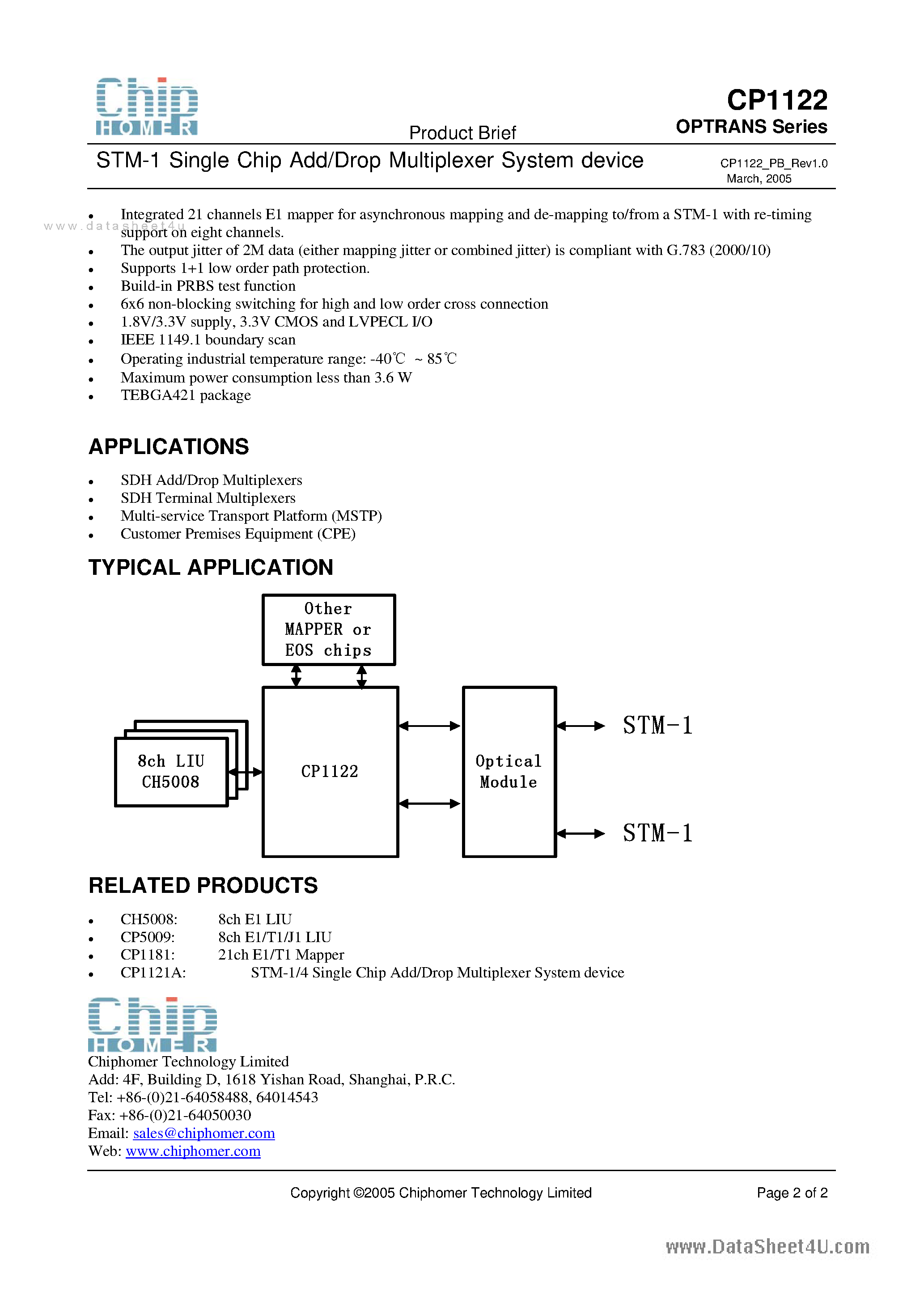 Datasheet CP1122 - STM-1 Single Chip Add/Drop Multiplexer System Device page 2