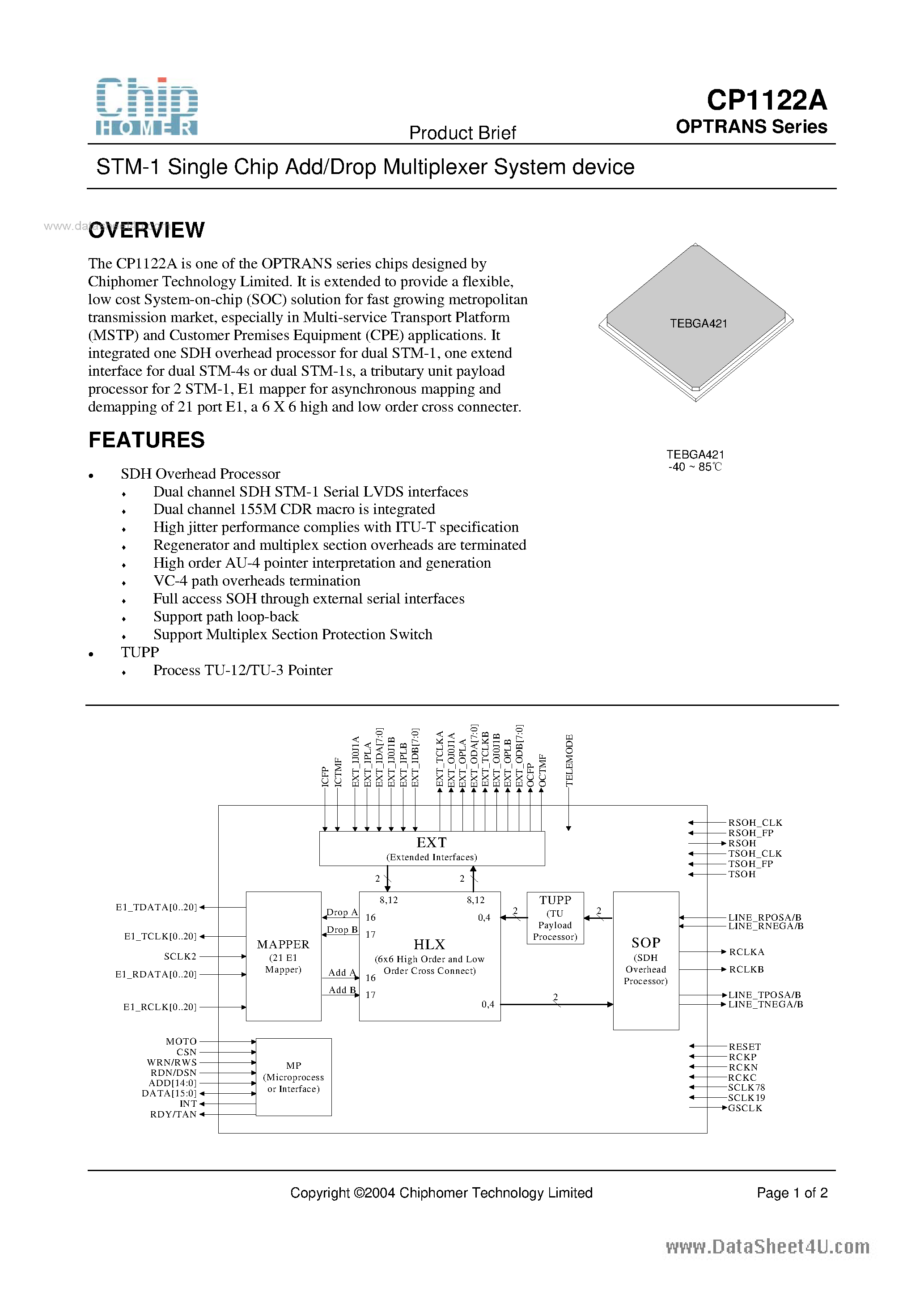 Datasheet CP1122A - STM-1 Single Chip Add/Drop Multiplexer System Device page 1