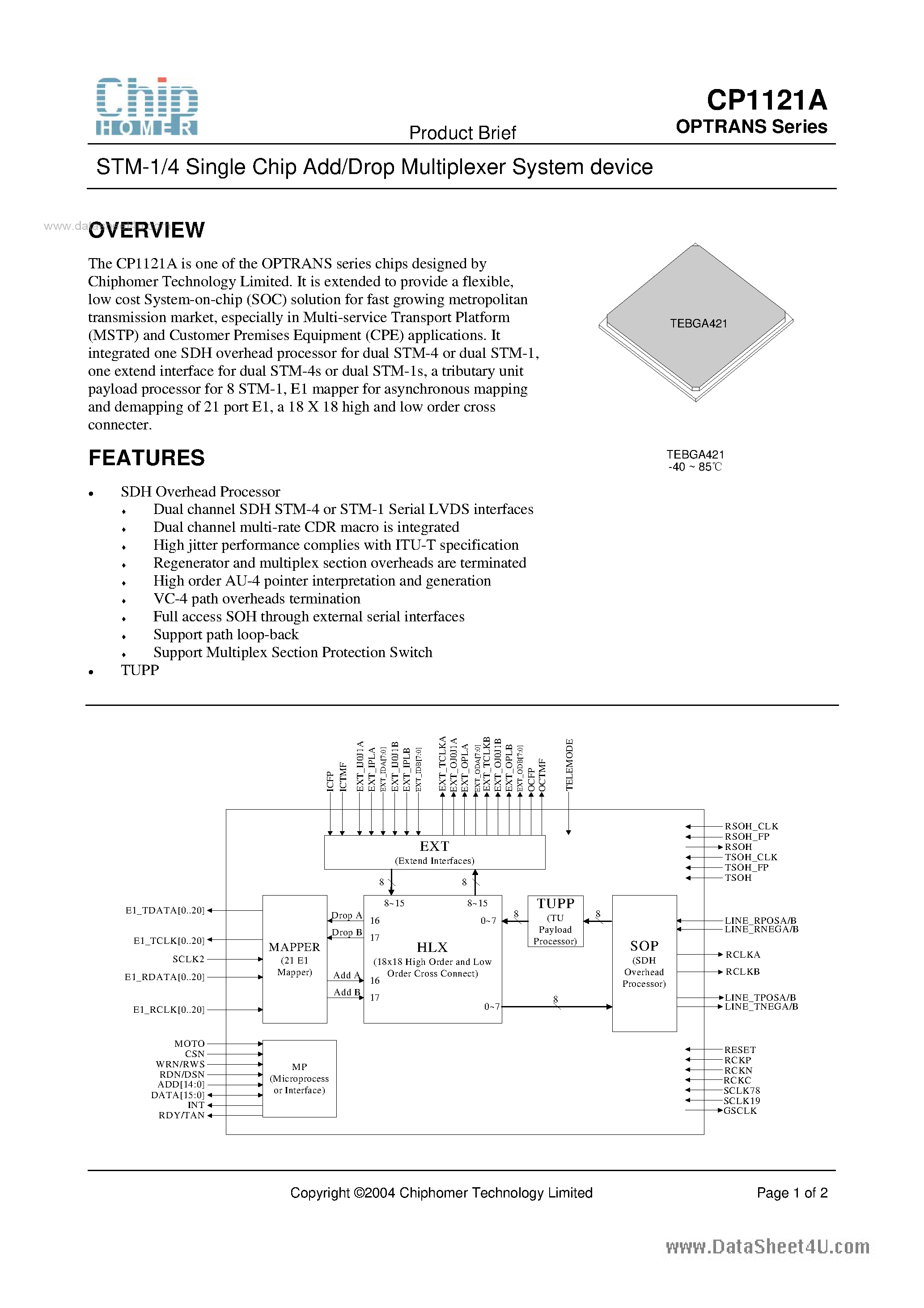 Datasheet CP1121A - STM-1/4 Single Chip Add/Drop Multiplexer System Device page 1