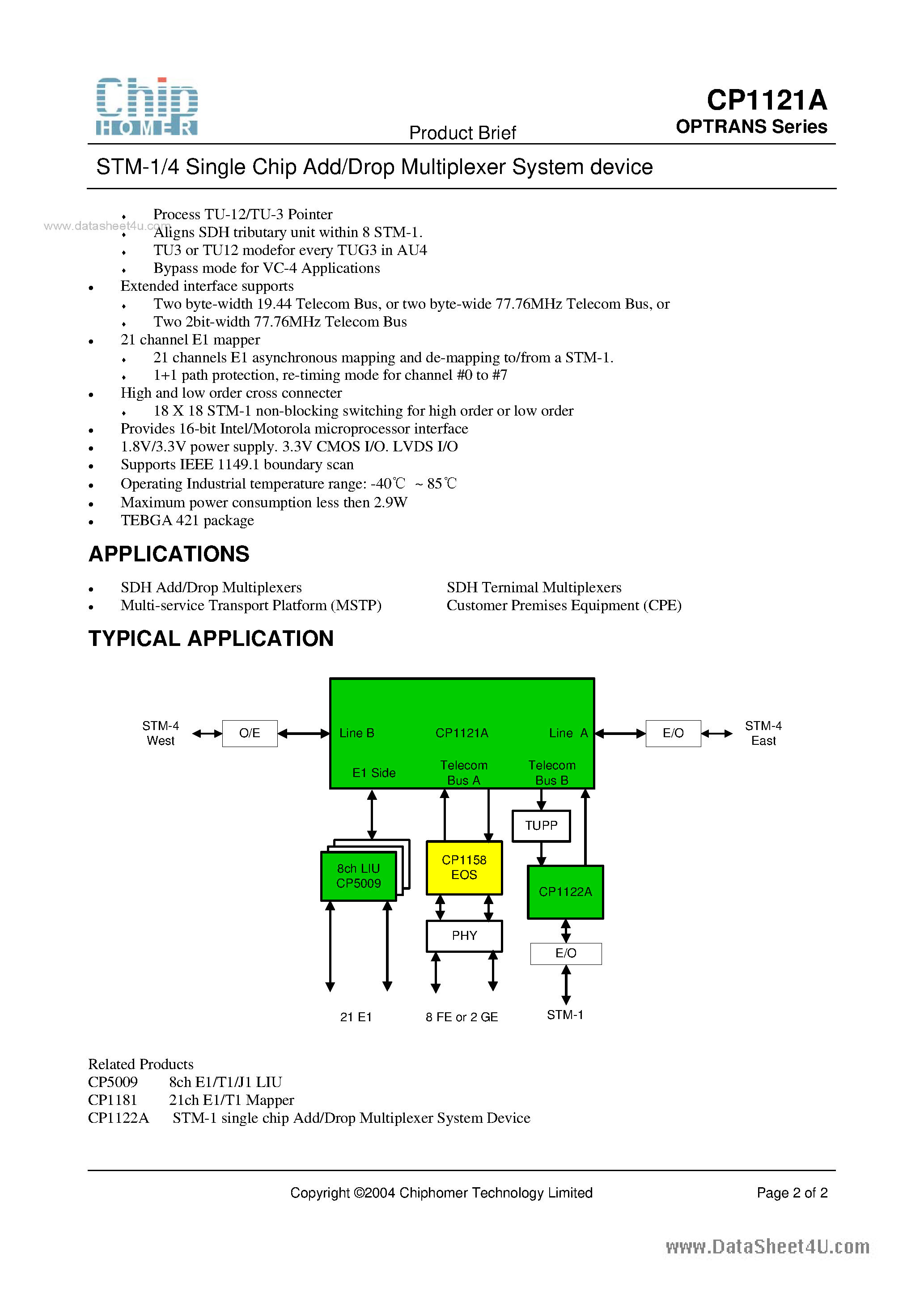 Datasheet CP1121A - STM-1/4 Single Chip Add/Drop Multiplexer System Device page 2