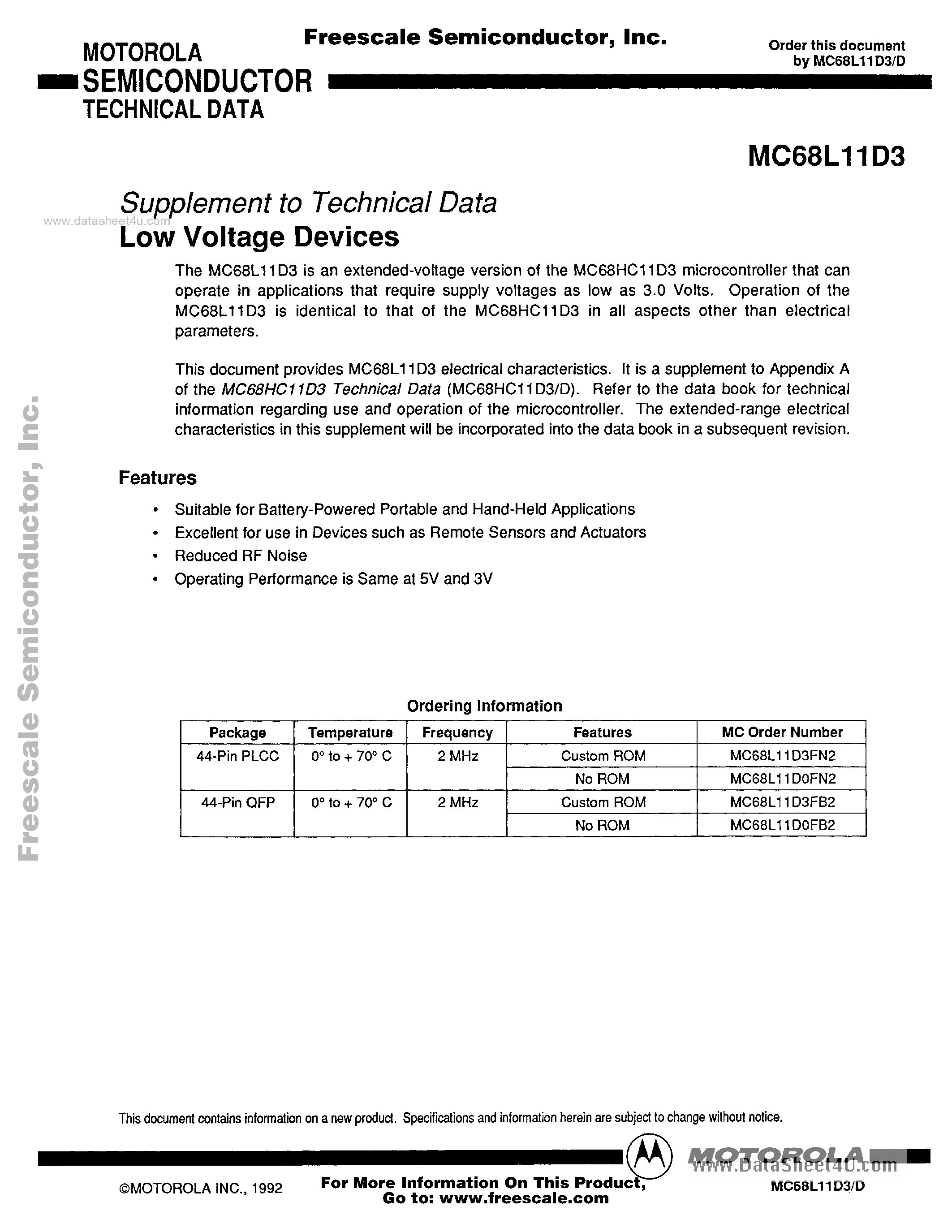 Datasheet MC68L11D3 - MICROCONTROLLER page 1