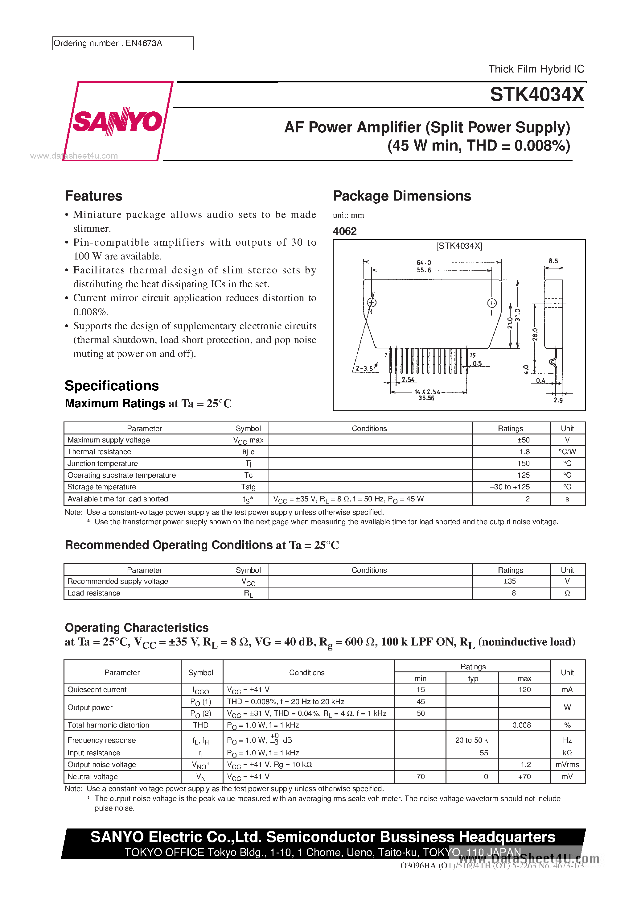 Datasheet STK4034X - AF Power Amplifier page 1