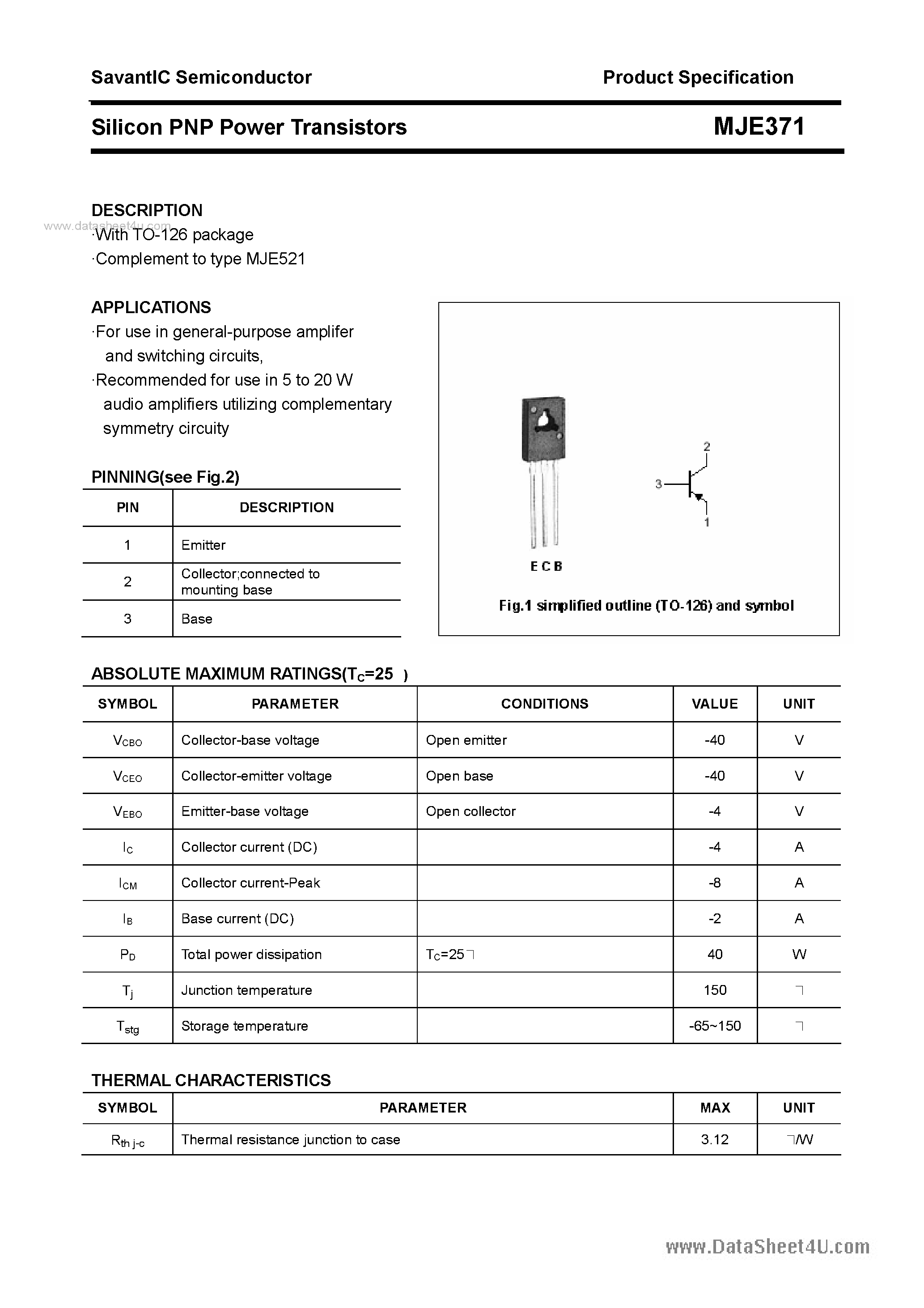 Даташит MJE371 - SILICON POWER TRANSISTOR страница 1