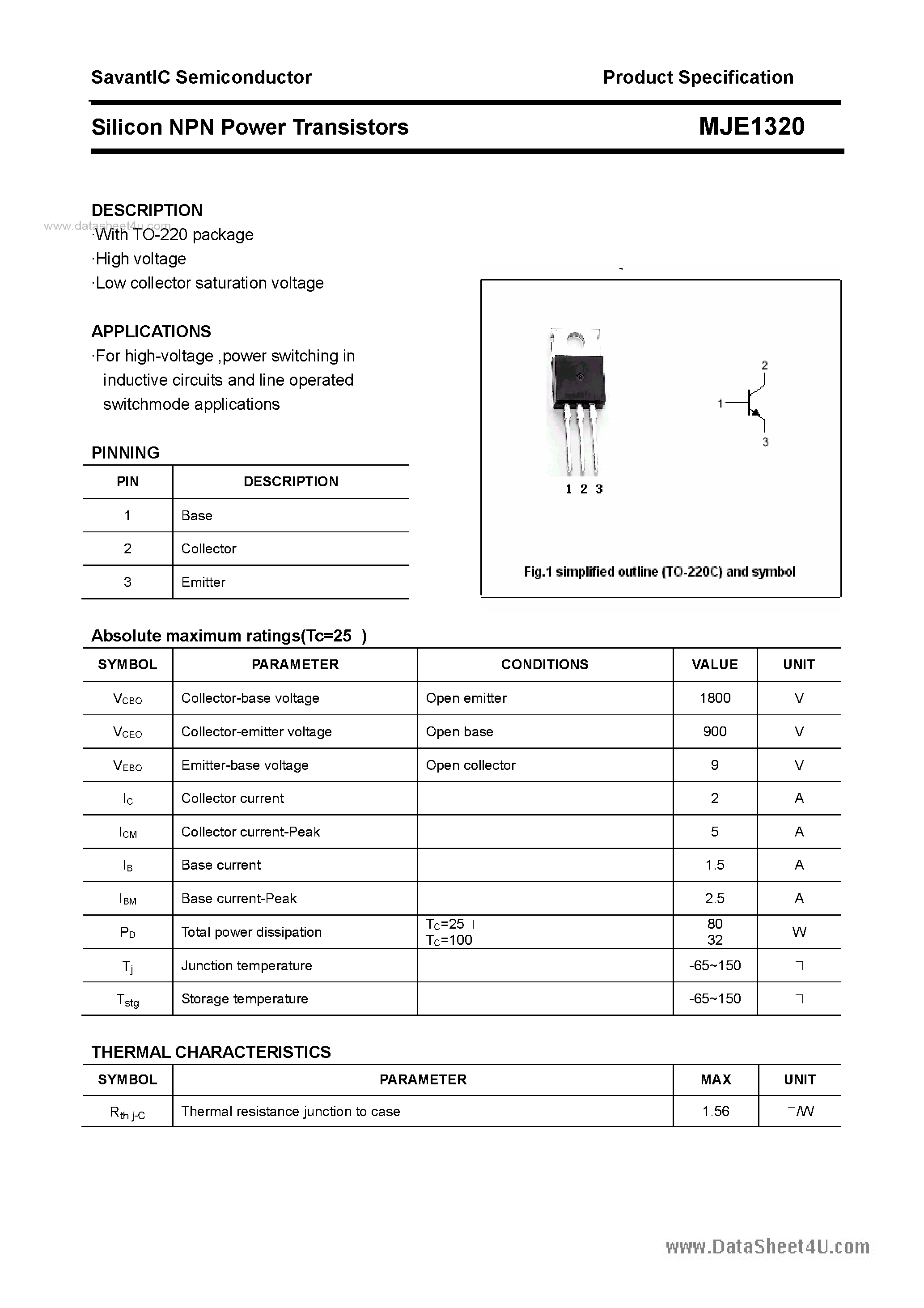 Даташит MJE1320 - SILICON POWER TRANSISTOR страница 1