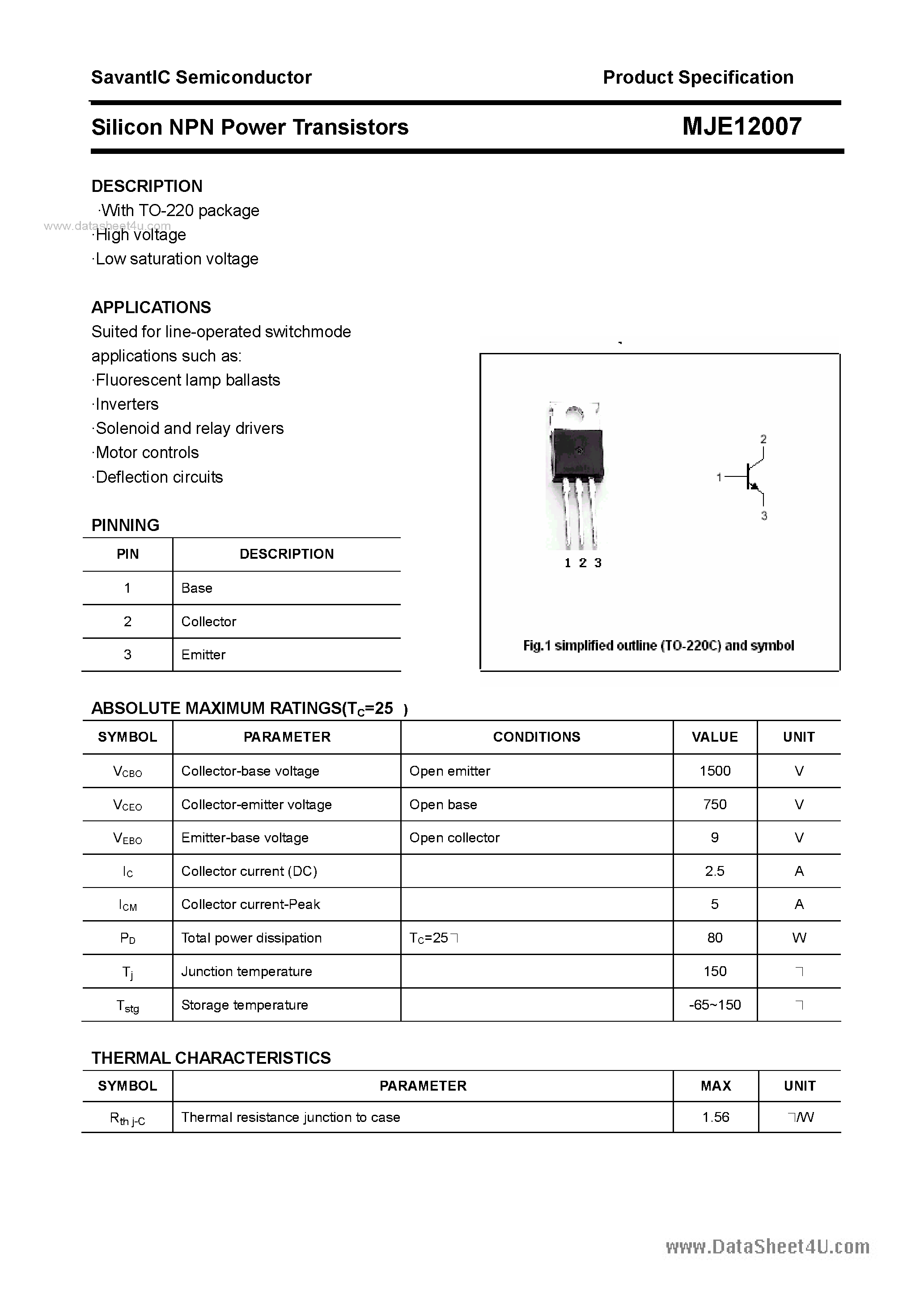 Datasheet MJE12007 - SILICON POWER TRANSISTOR page 1