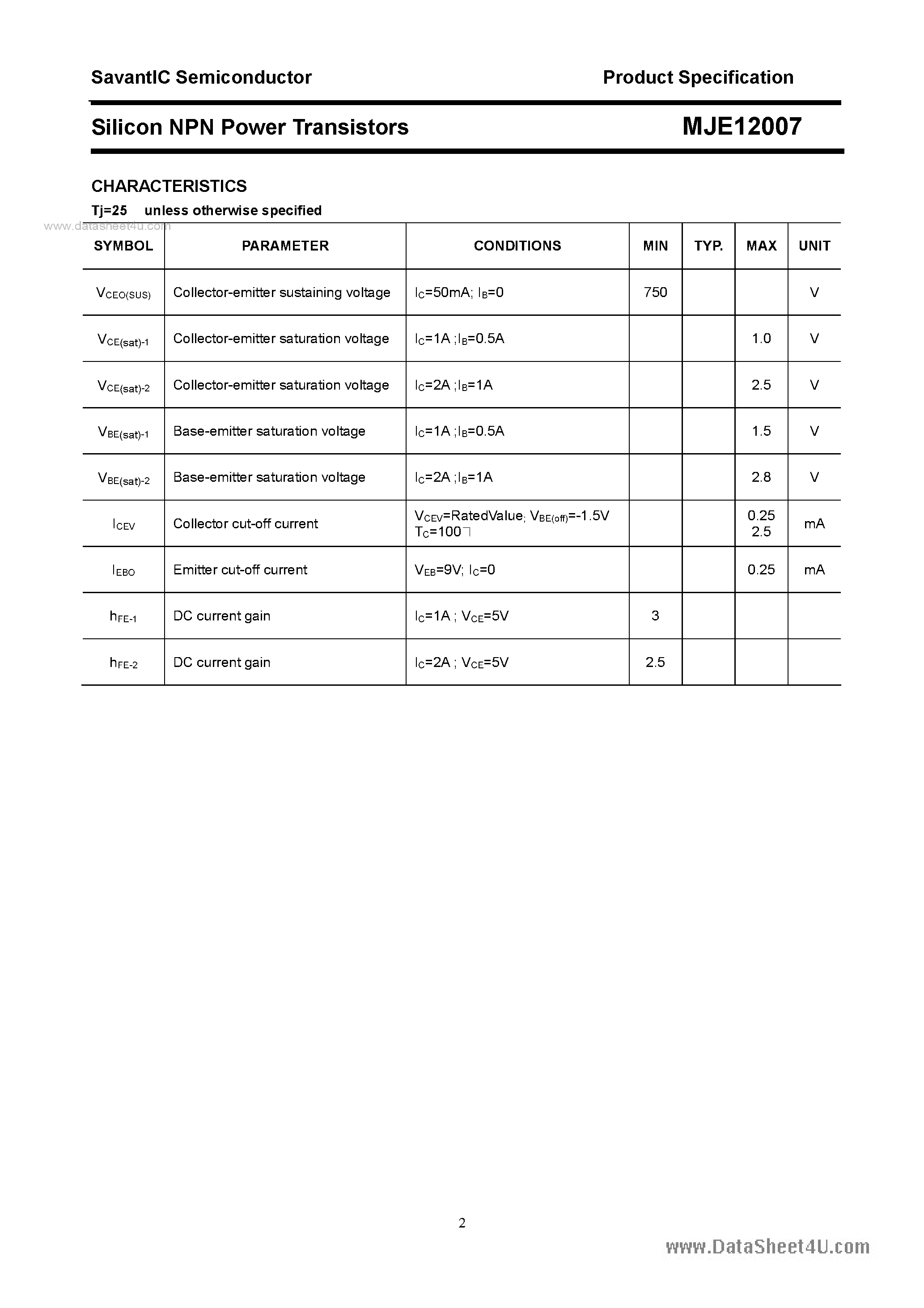 Datasheet MJE12007 - SILICON POWER TRANSISTOR page 2