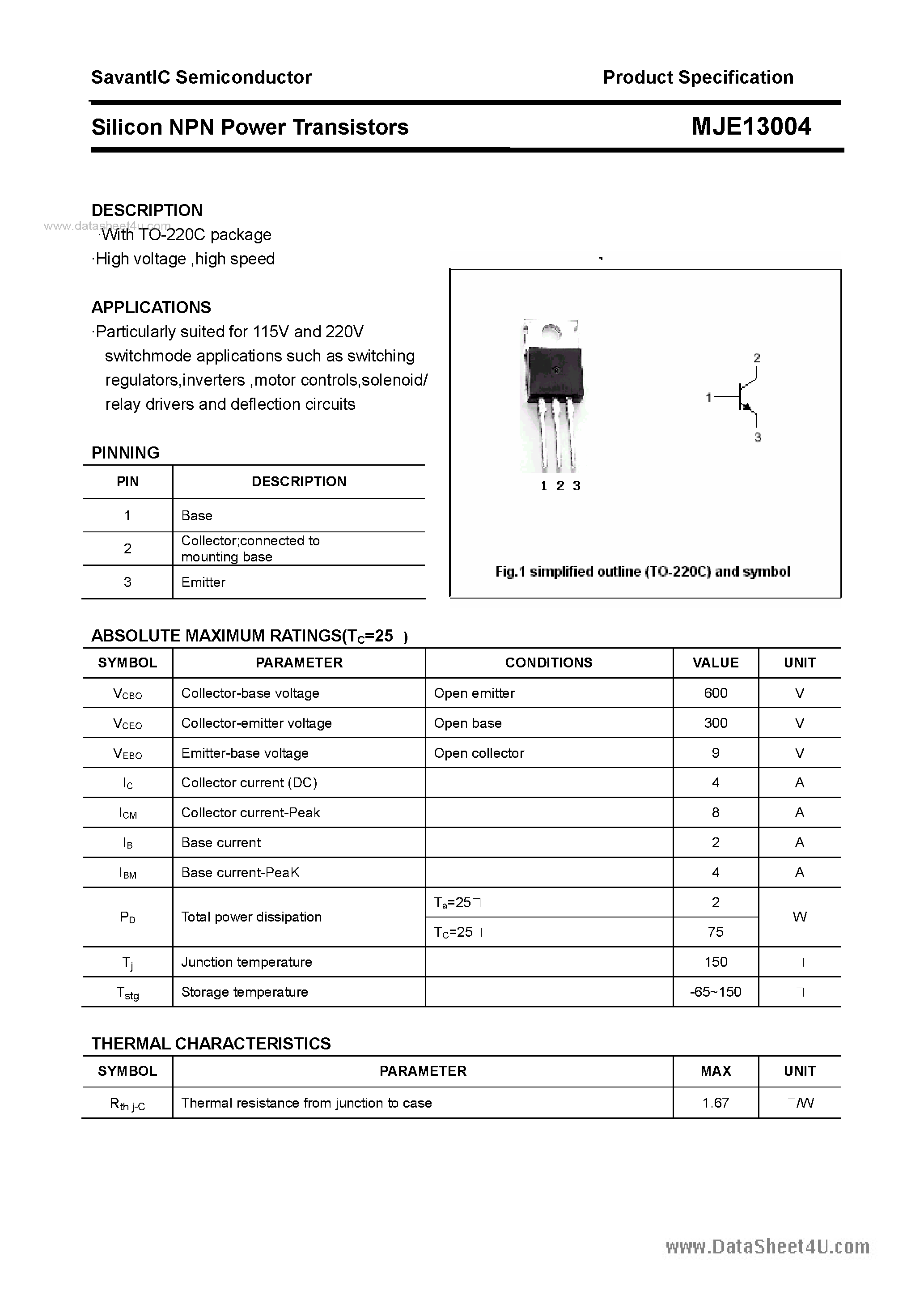 Даташит MJE13004 - SILICON POWER TRANSISTOR страница 1