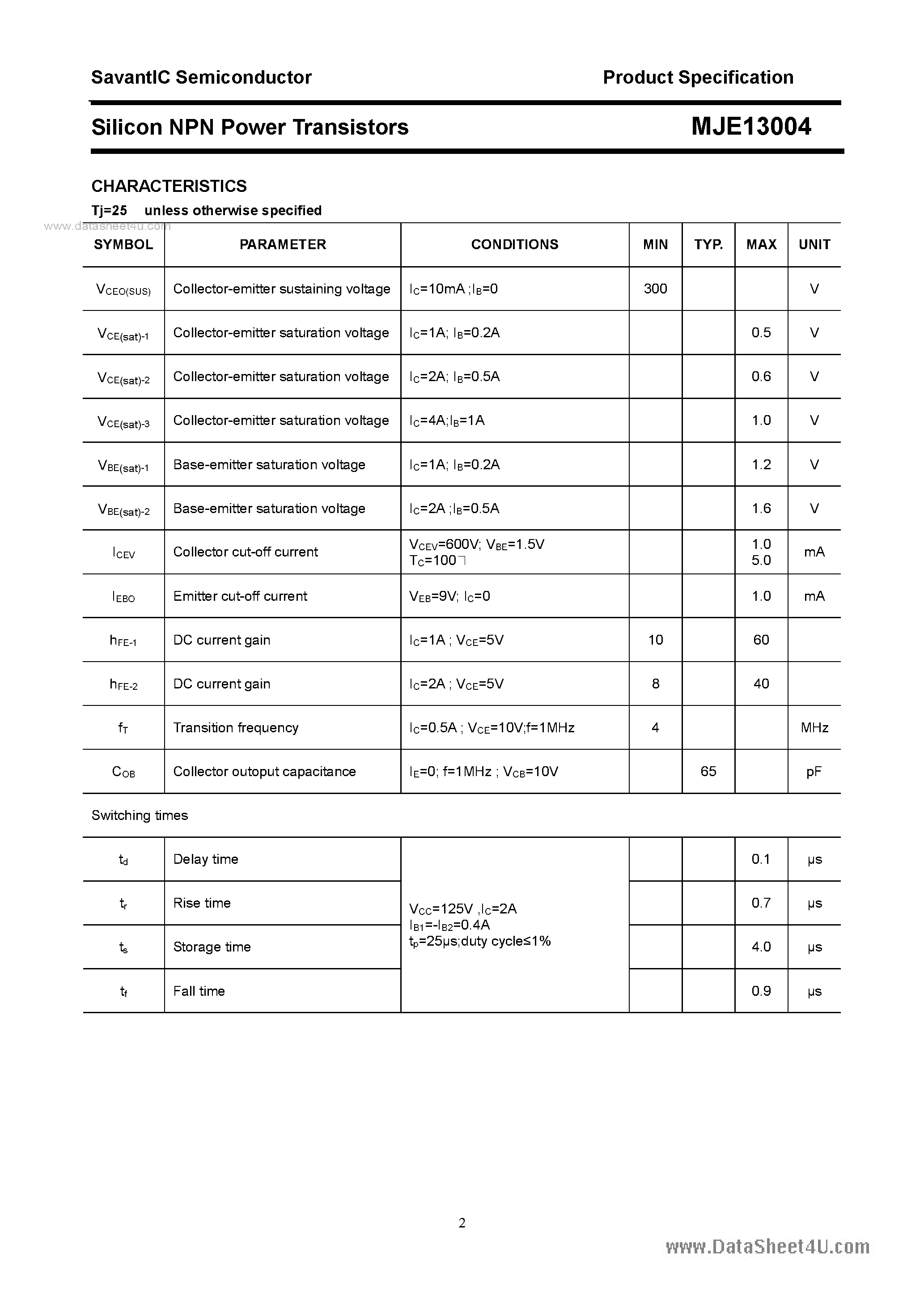 Даташит MJE13004 - SILICON POWER TRANSISTOR страница 2