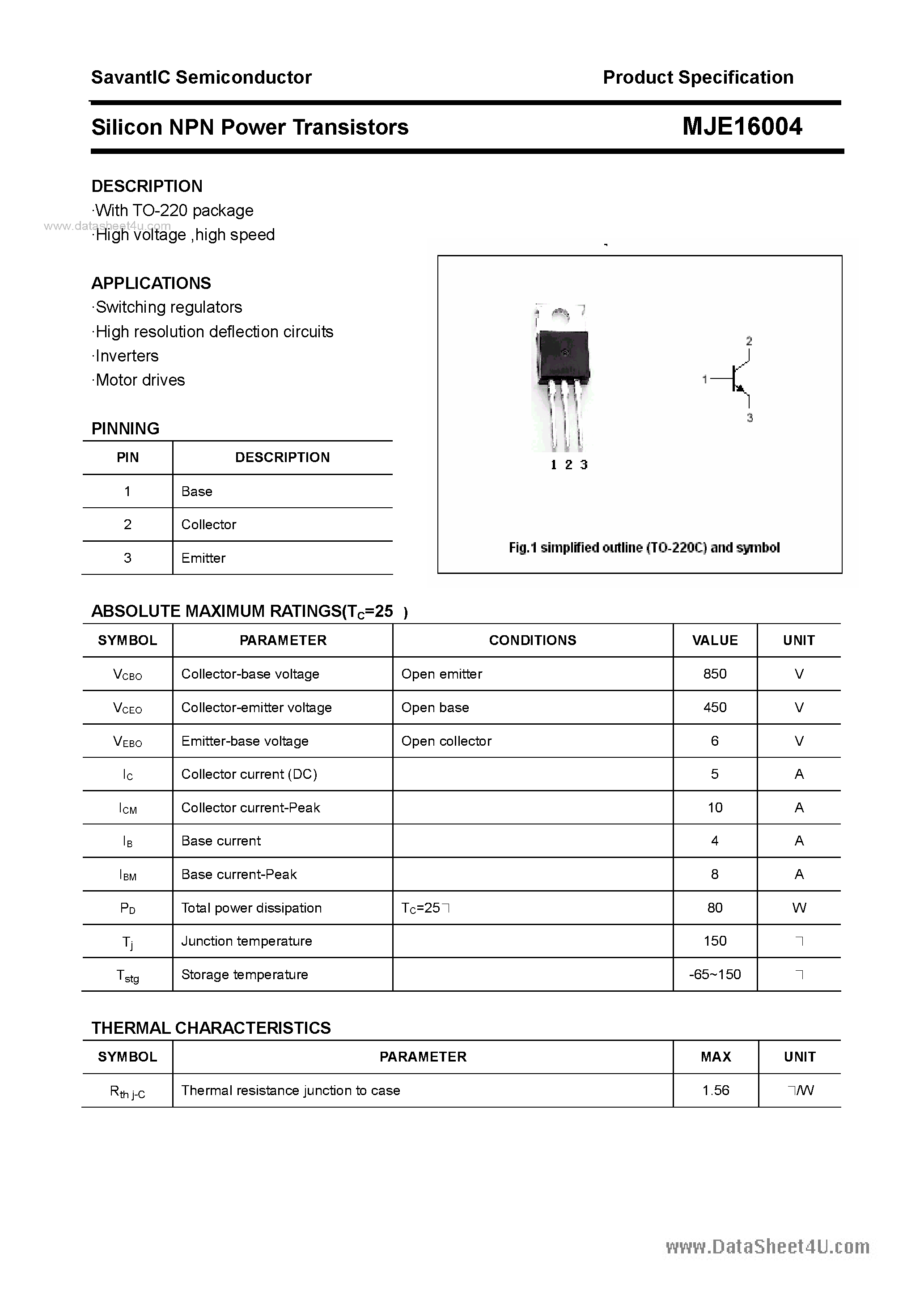 Даташит MJE16004 - SILICON POWER TRANSISTOR страница 1