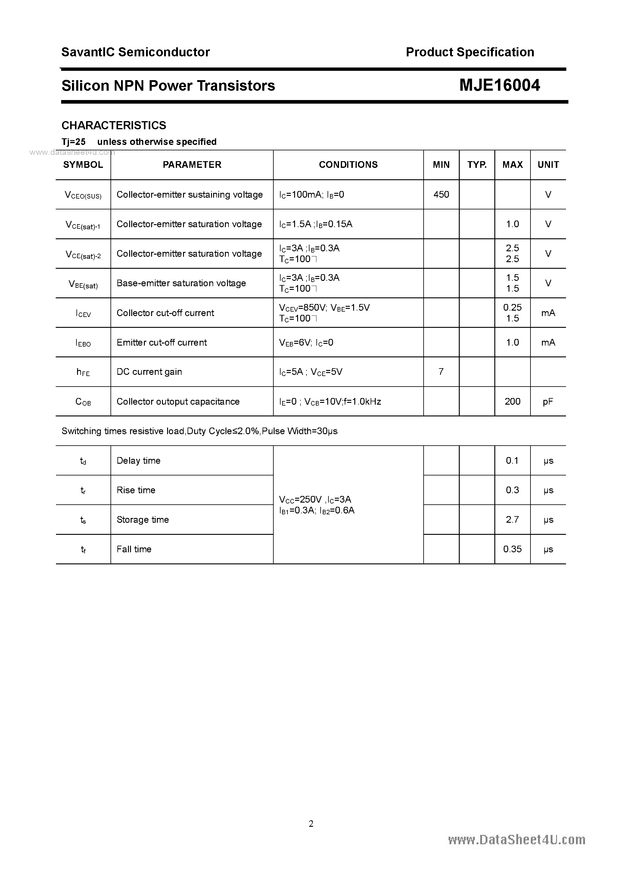 Даташит MJE16004 - SILICON POWER TRANSISTOR страница 2