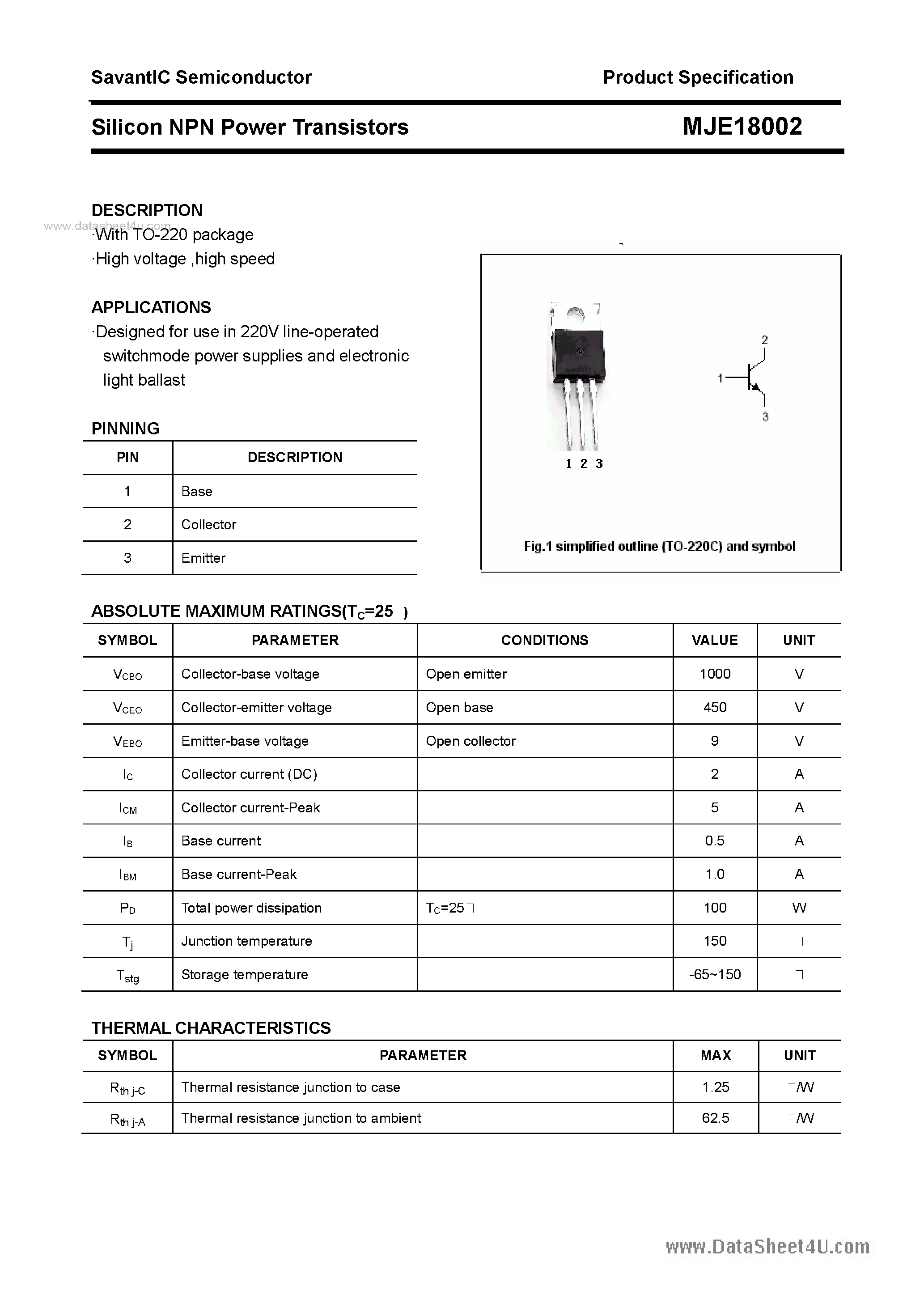 Даташит MJE18002 - SILICON POWER TRANSISTOR страница 1