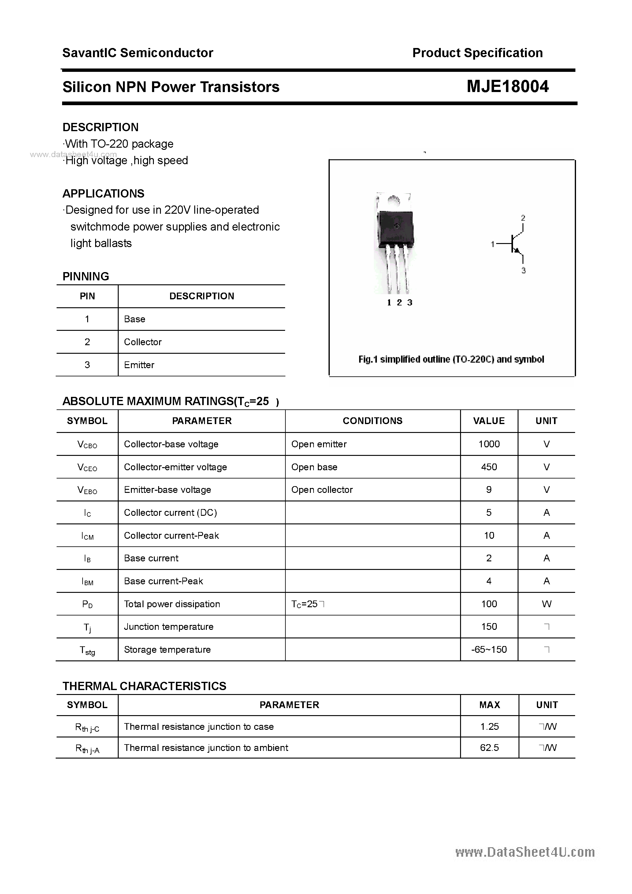 Даташит MJE18004 - SILICON POWER TRANSISTOR страница 1