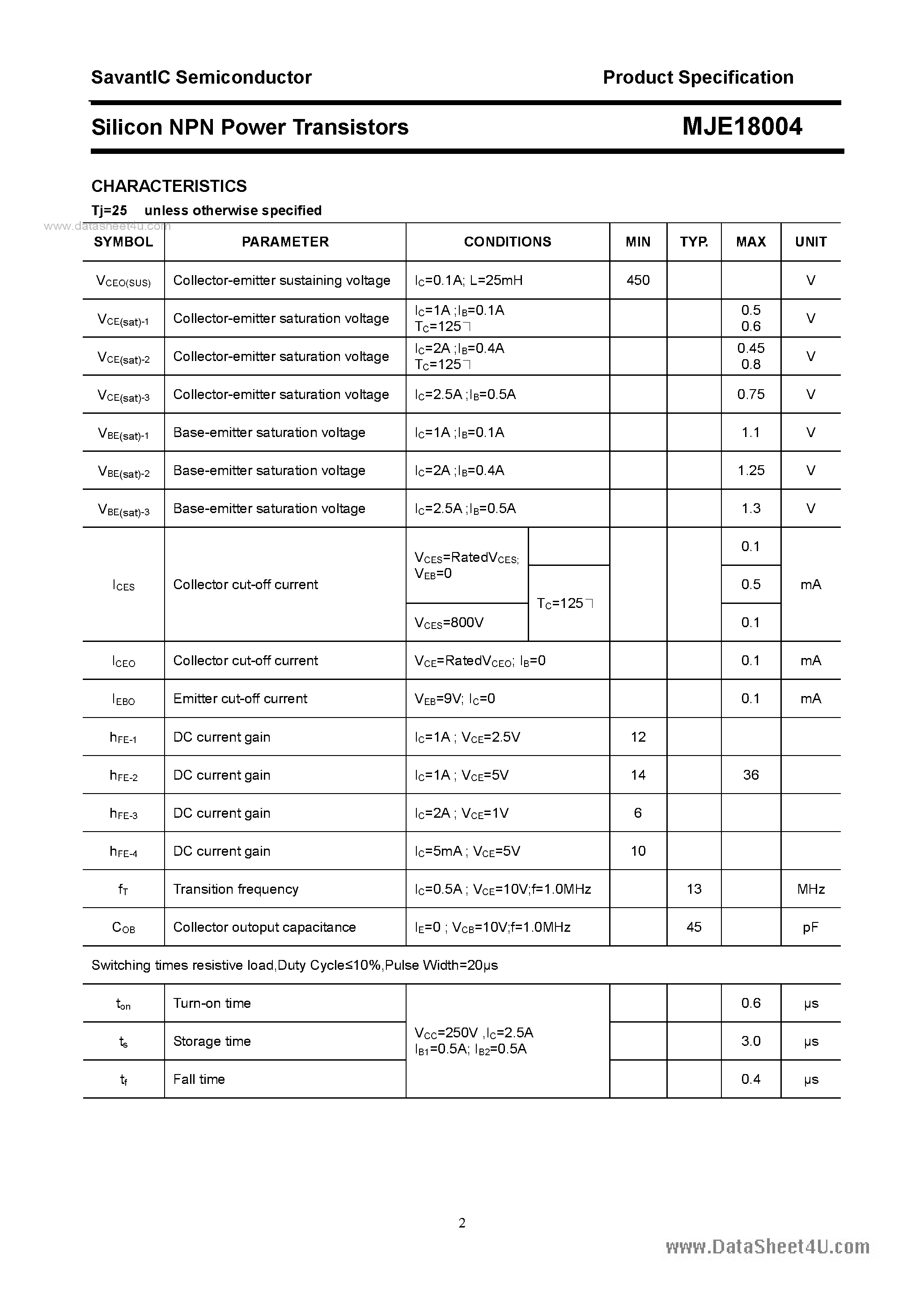 Даташит MJE18004 - SILICON POWER TRANSISTOR страница 2