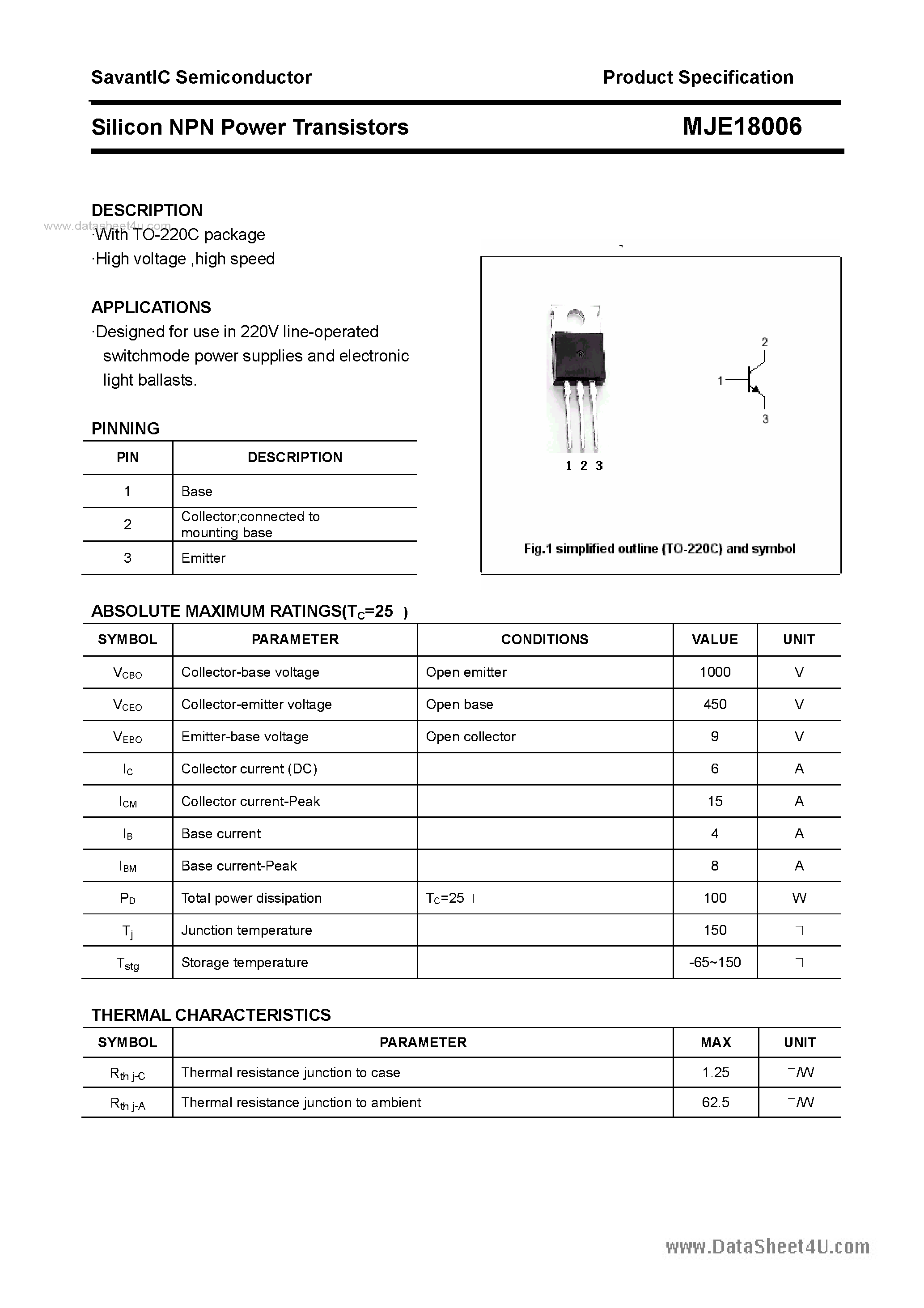 Даташит MJE18006 - SILICON POWER TRANSISTOR страница 1