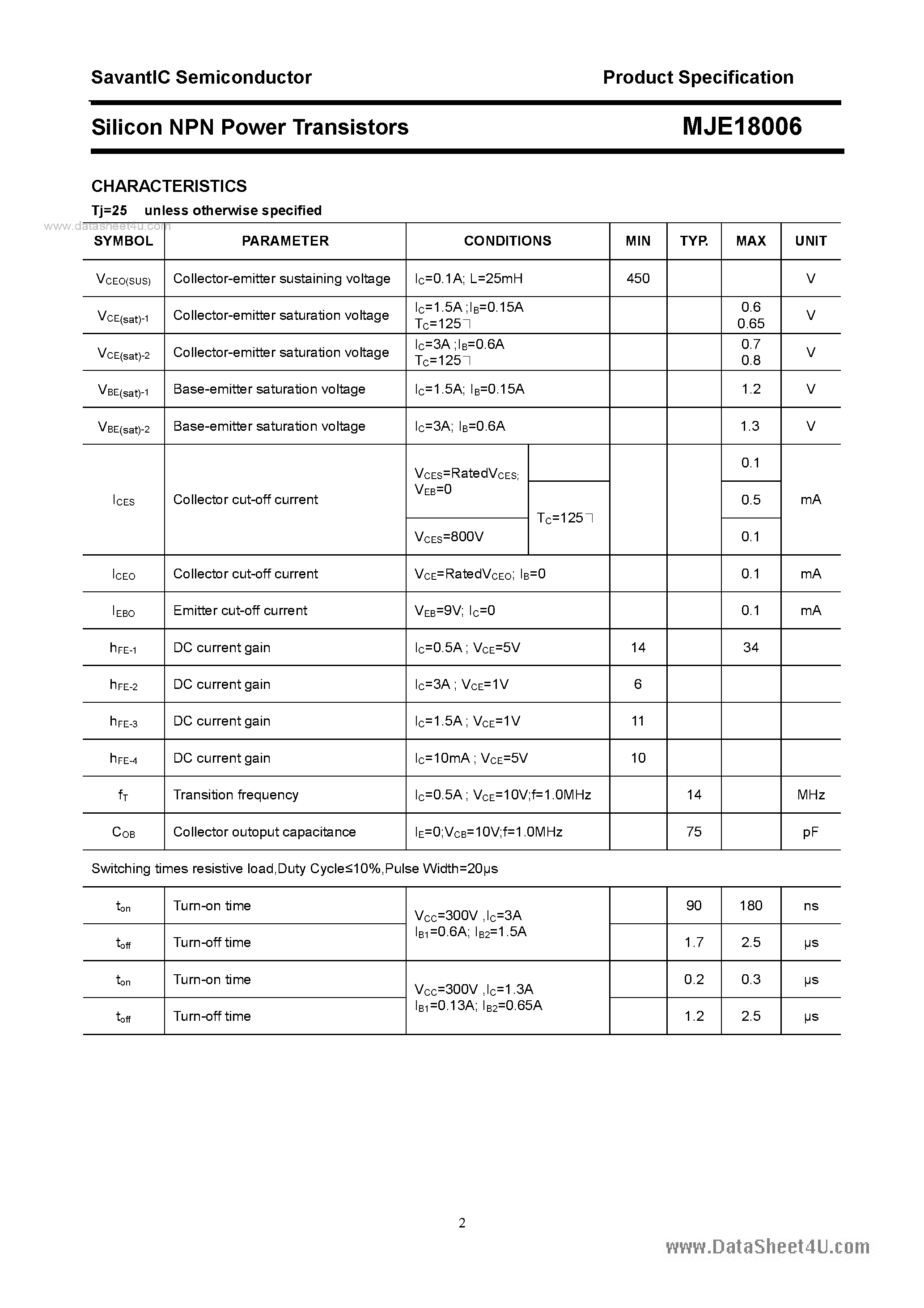 Даташит MJE18006 - SILICON POWER TRANSISTOR страница 2