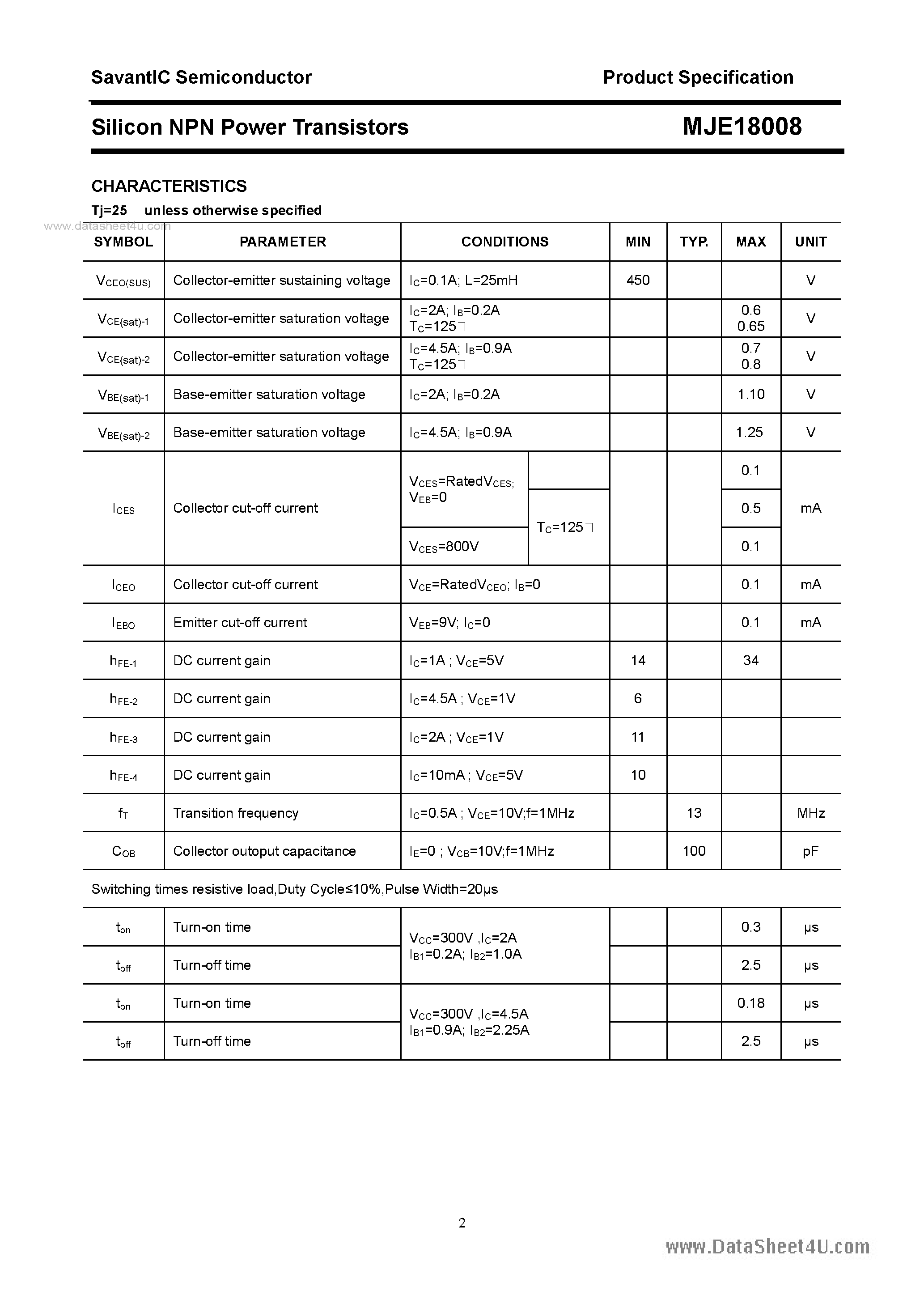 Даташит MJE18008 - SILICON POWER TRANSISTOR страница 2