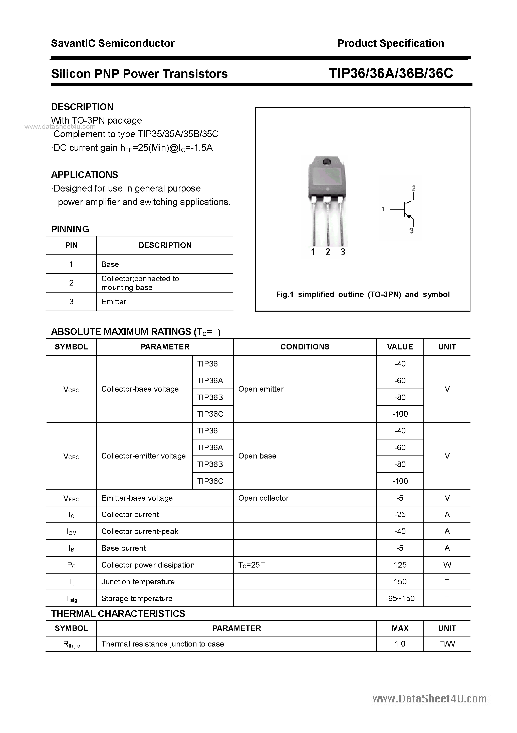 Даташит TIP36 - SILICON POWER TRANSISTOR страница 1