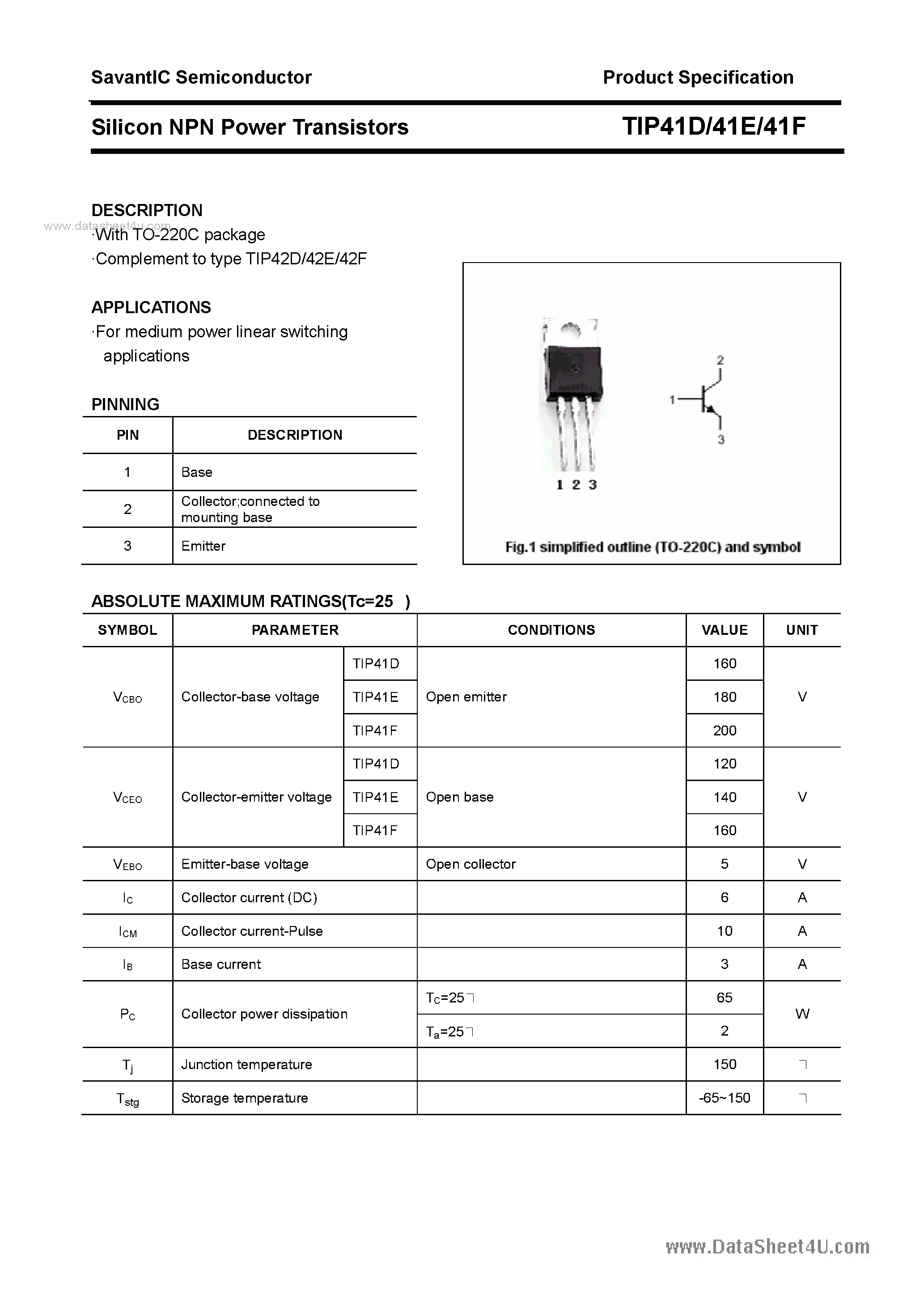 Даташит TIP41D - SILICON POWER TRANSISTOR страница 1