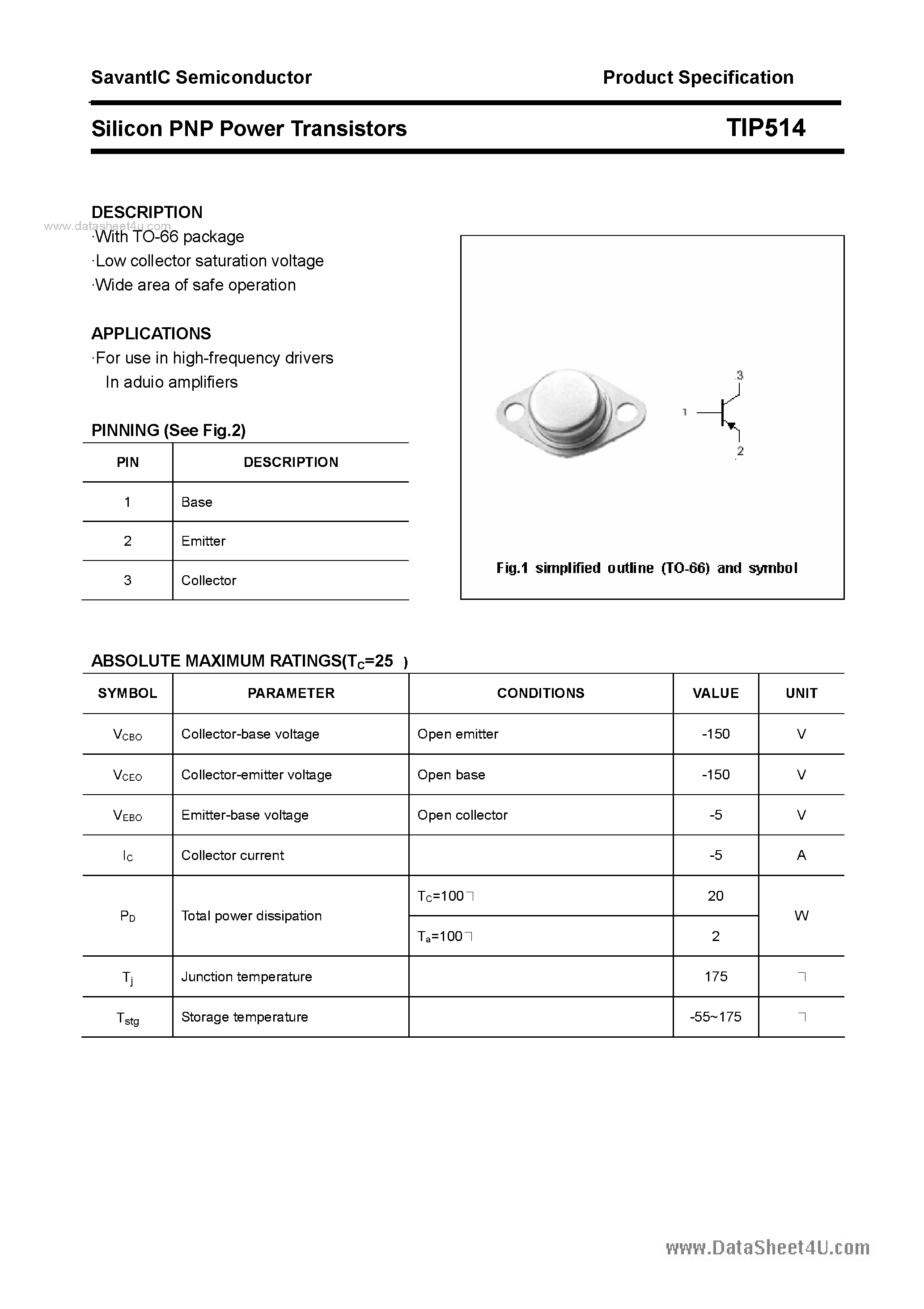 Даташит TIP514 - SILICON POWER TRANSISTOR страница 1