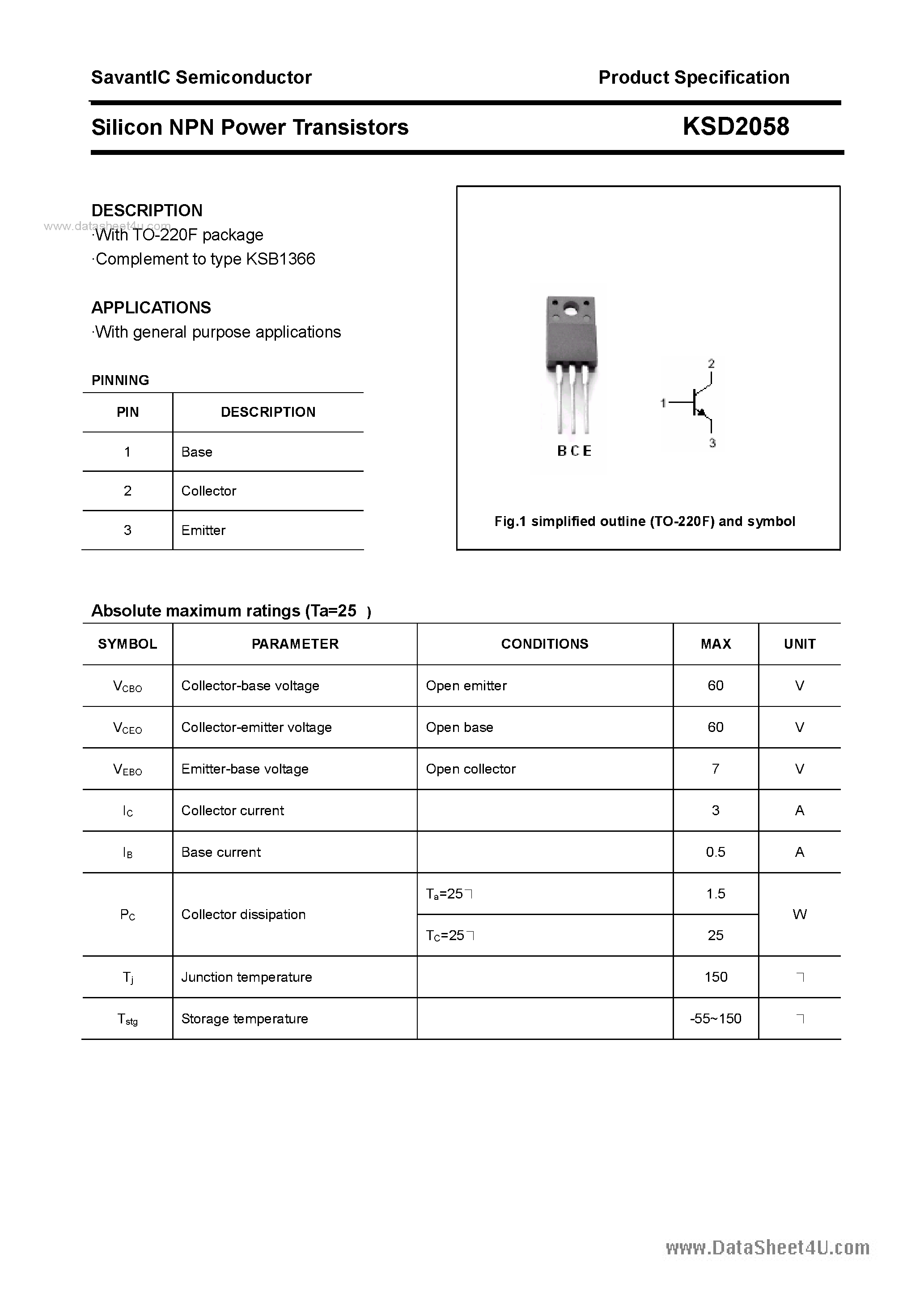 Даташит KSD2058 - SILICON POWER TRANSISTOR страница 1