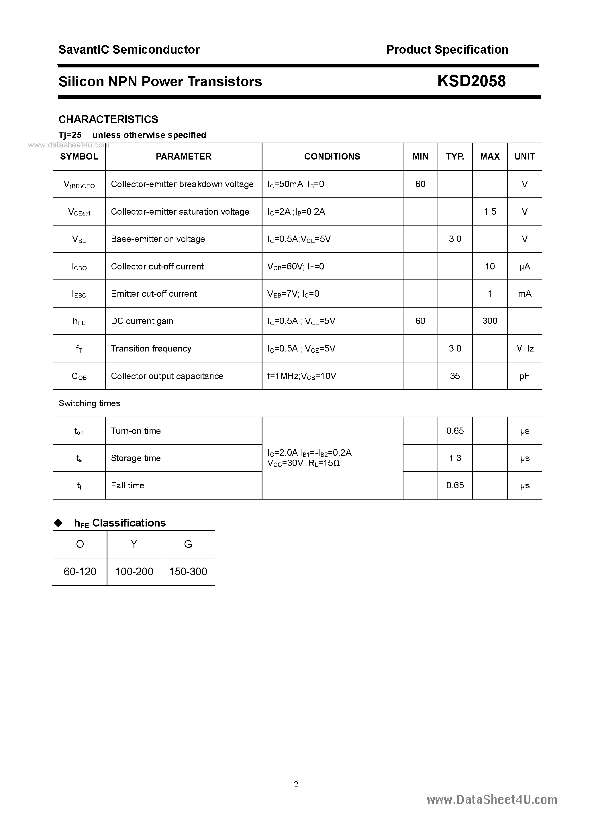 Даташит KSD2058 - SILICON POWER TRANSISTOR страница 2