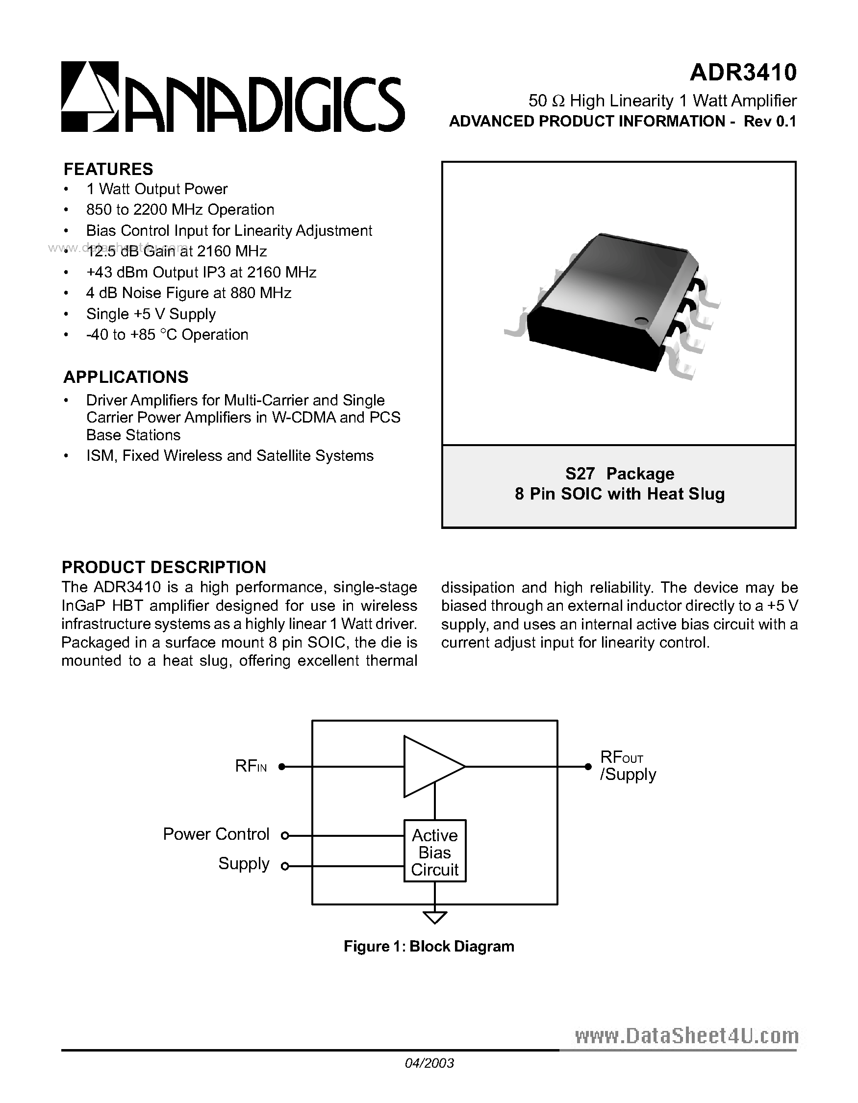 Даташит ADR3410 - High Linearity 1 Watt Amplifier страница 1