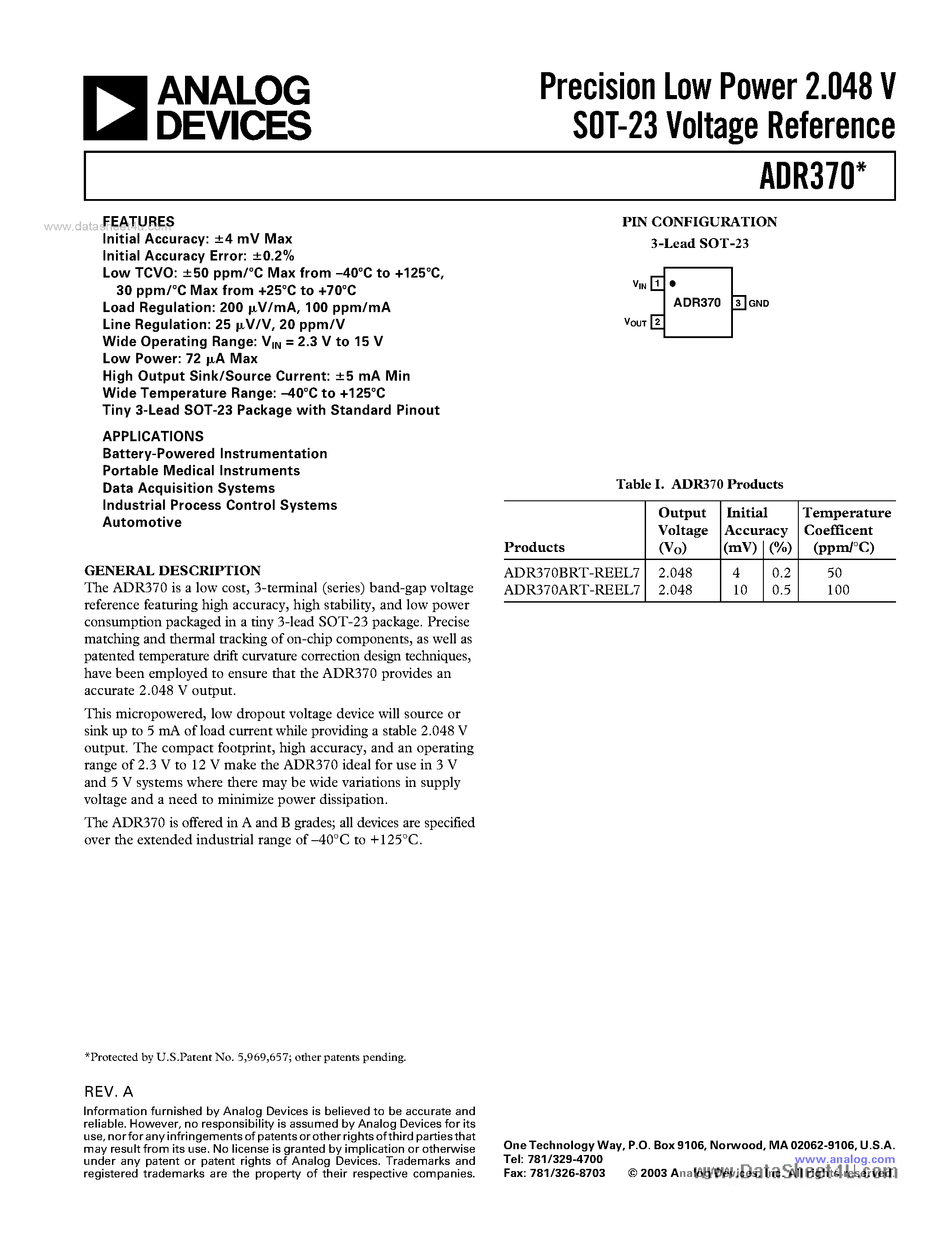 Даташит ADR370 - Precision Low Power 2.048 V SOT-23 Voltage Reference страница 1