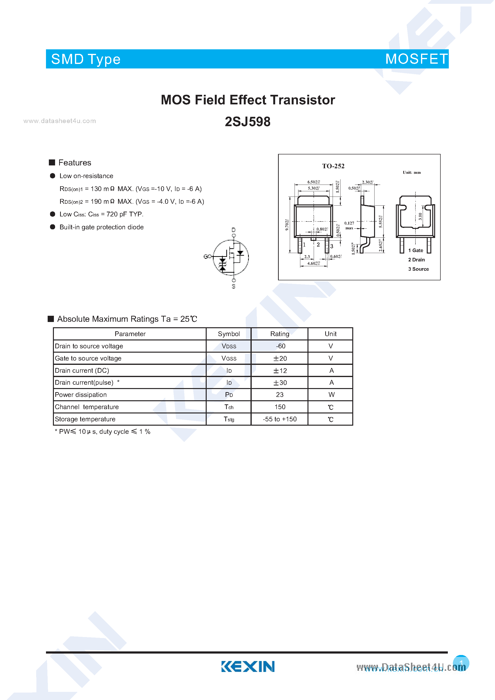 Даташит 2SJ598 - MOS Field Effect Transistor страница 1