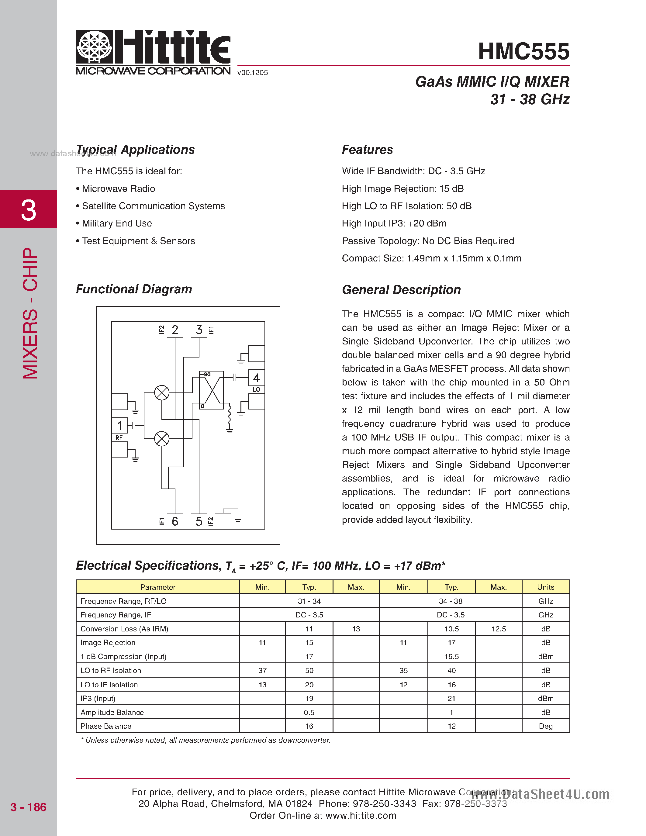 Datasheet HMC555 - GaAs MMIC I/Q MIXER 31 - 38 GHz page 1