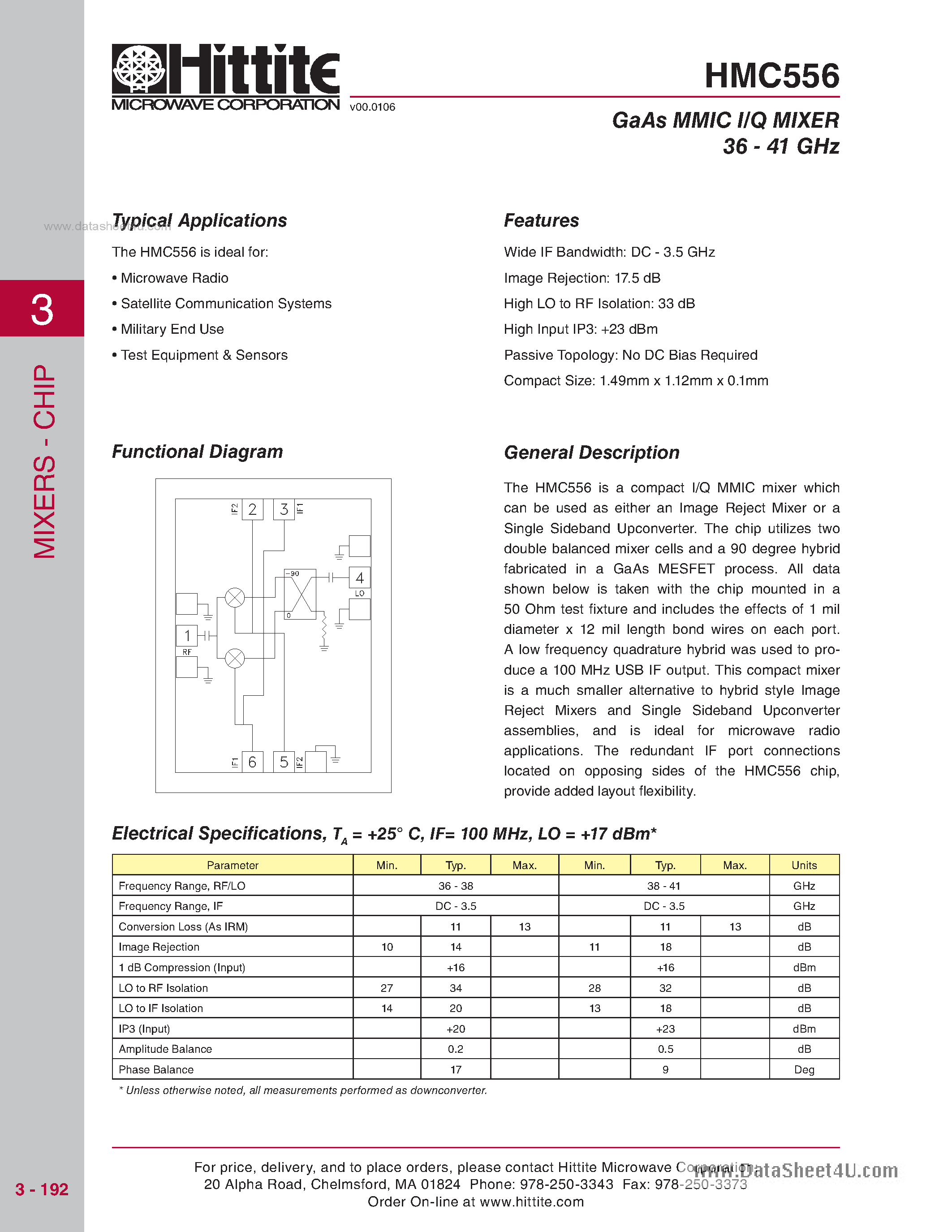 Datasheet HMC556 - GaAs MMIC I/Q MIXER 36 - 41 GHz page 1