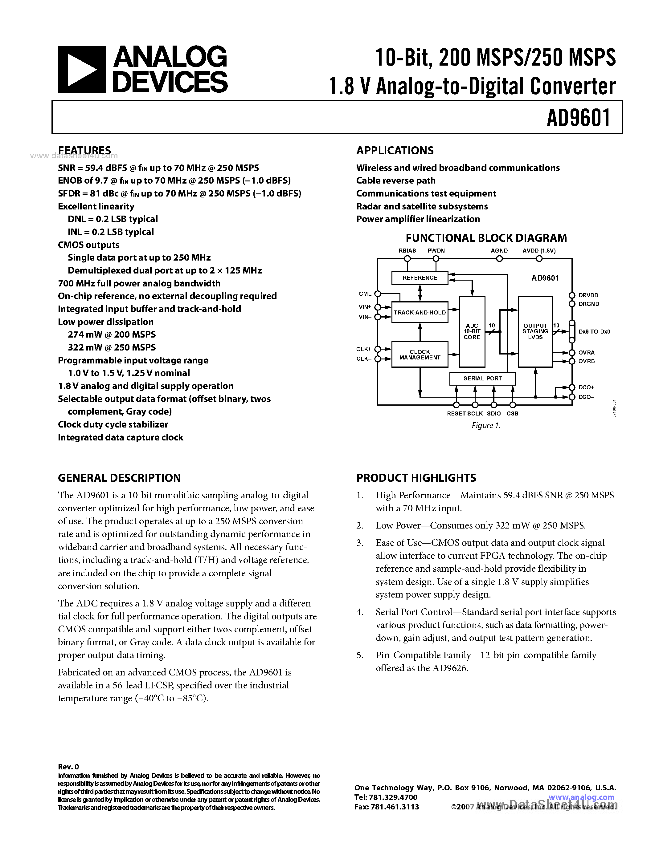 Datasheet AD9601 - 200 MSPS/250 MSPS 1.8 V Analog-to-Digital Converter page 1