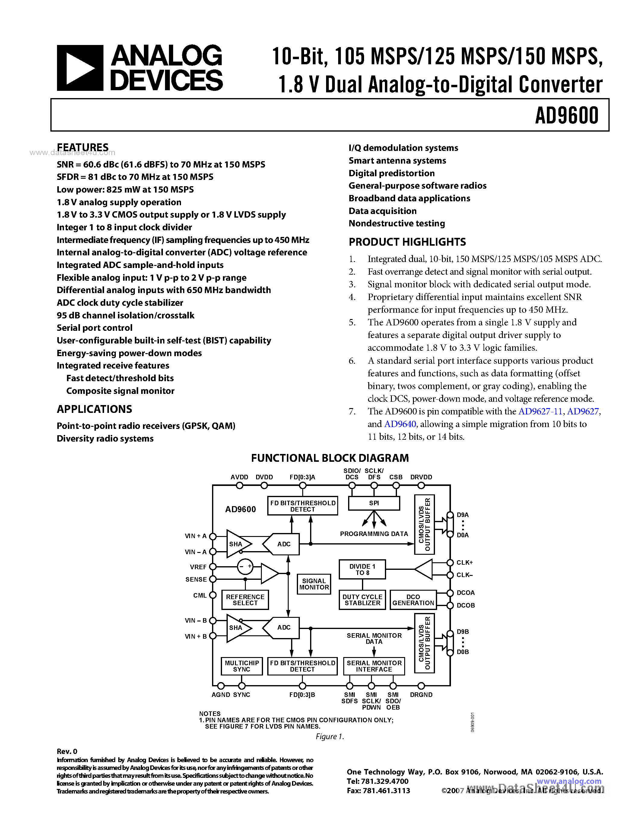 Datasheet AD9600 - 1.8 V Dual Analog-to-Digital Converter page 1