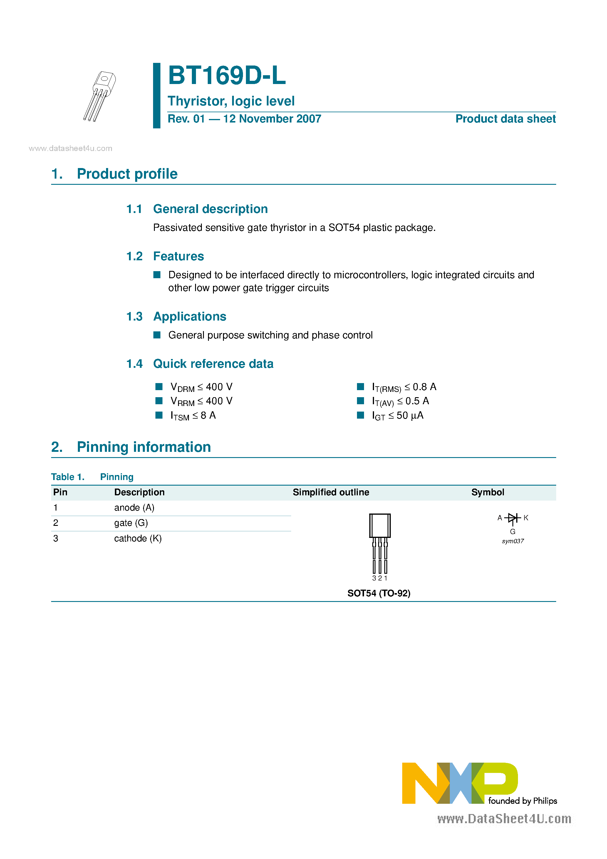 Datasheet BT169D-L - Thyristor page 1