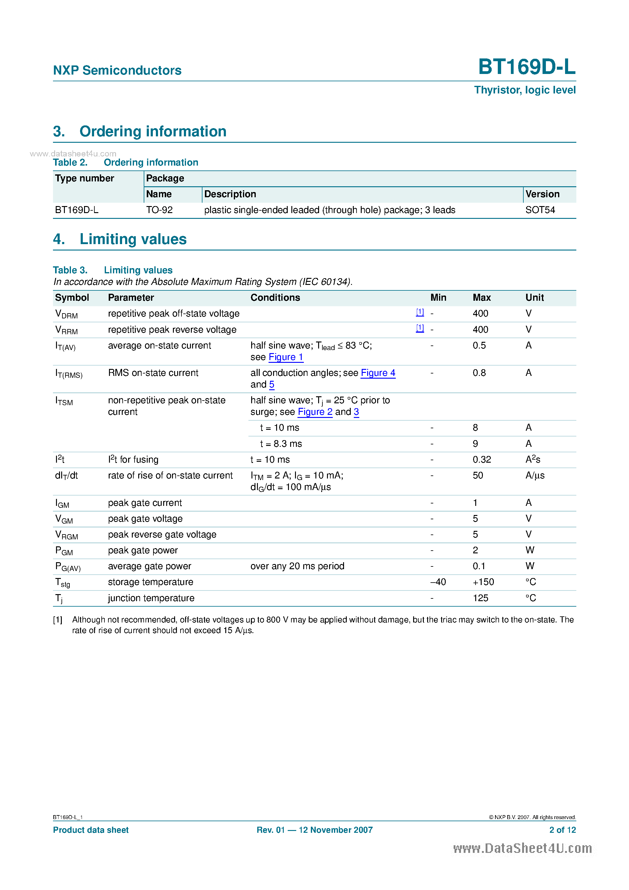 Datasheet BT169D-L - Thyristor page 2