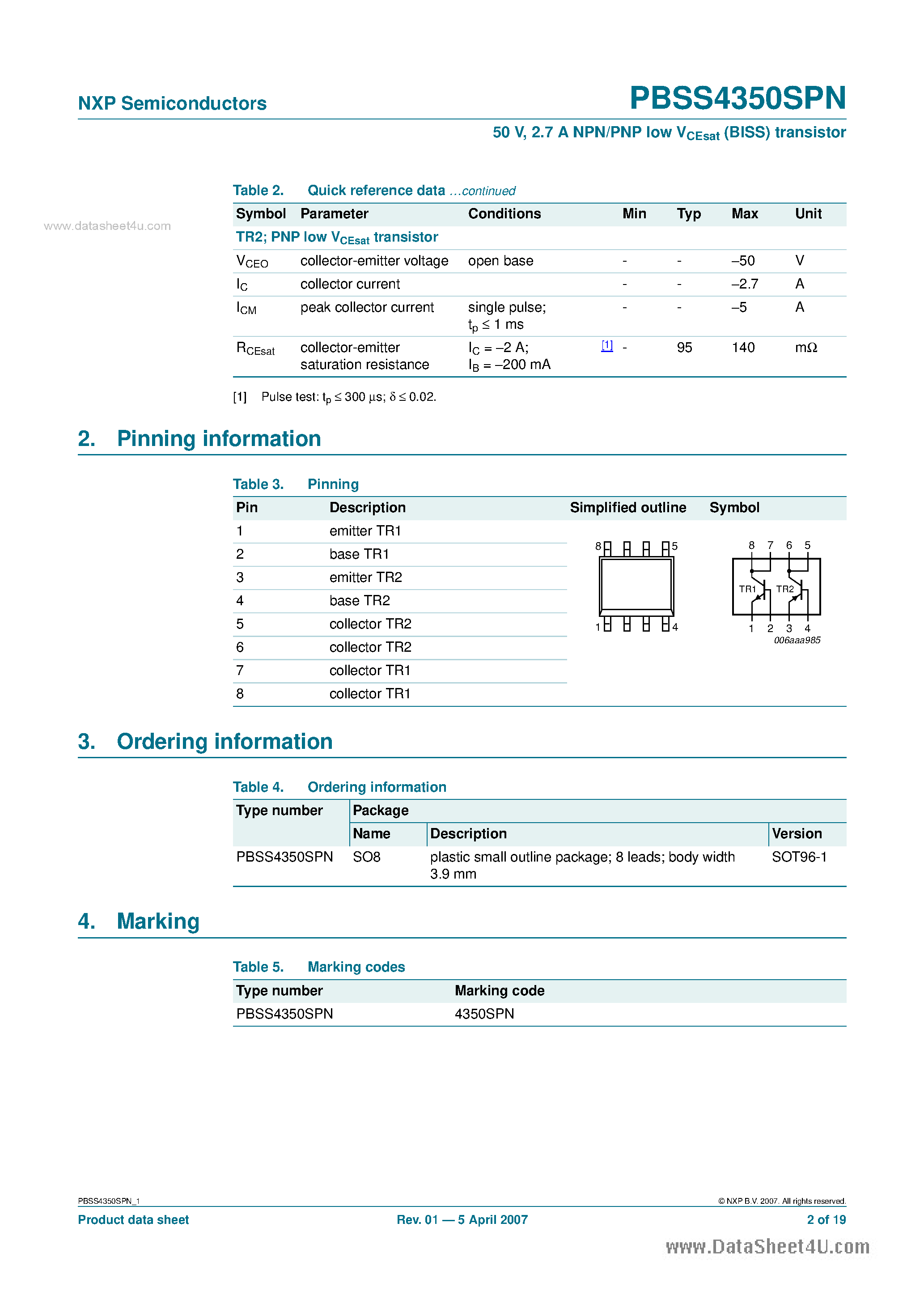 Даташит PBSS4350SPN - 2.7A NPN/PNP Low VCEsat (BISS) Transistor страница 2