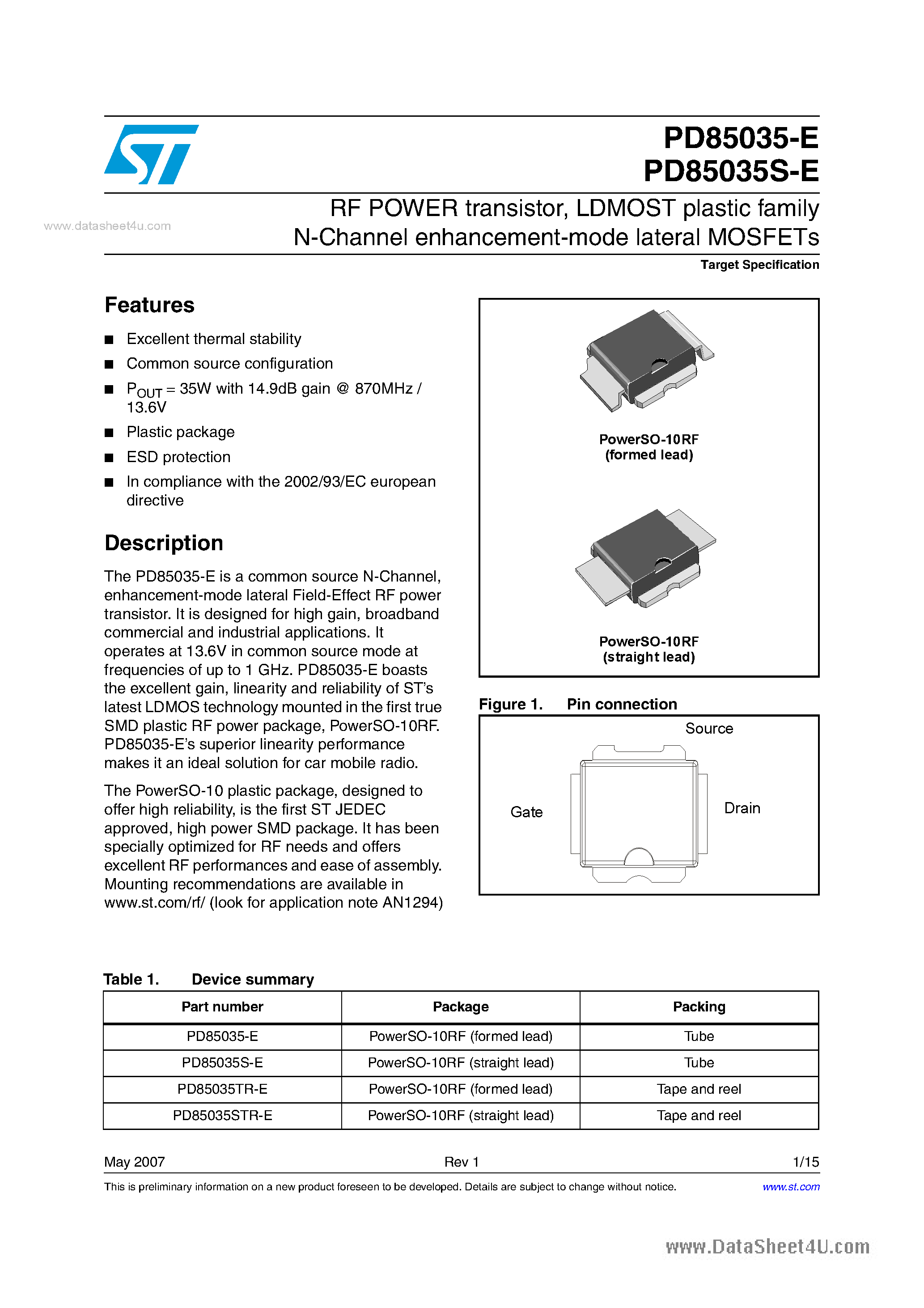 Datasheet PD85035-E - RF POWER transistor page 1