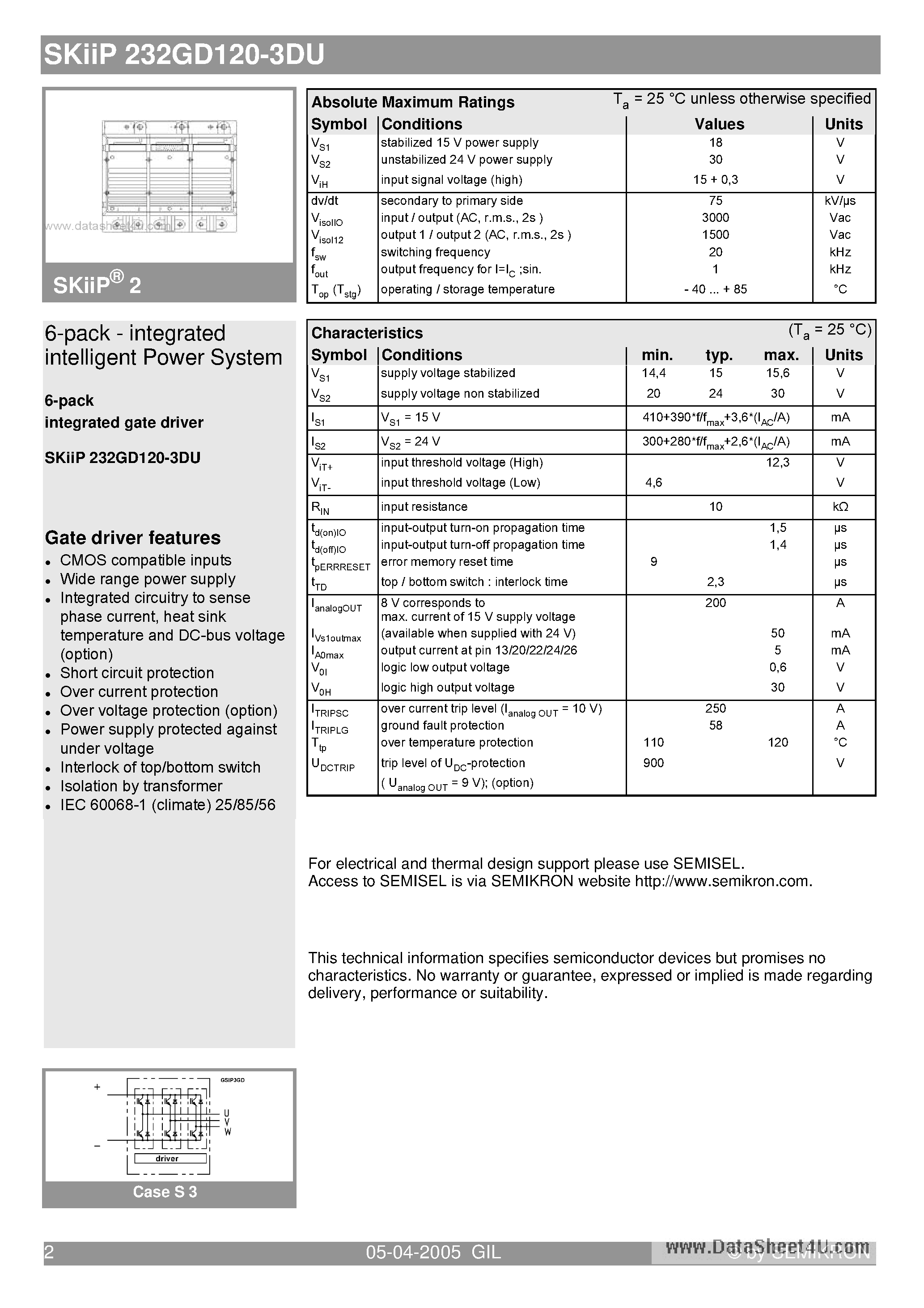 Даташит SKIIP232GD120-3DU - 6-pack - integrated intelligent Power System страница 2