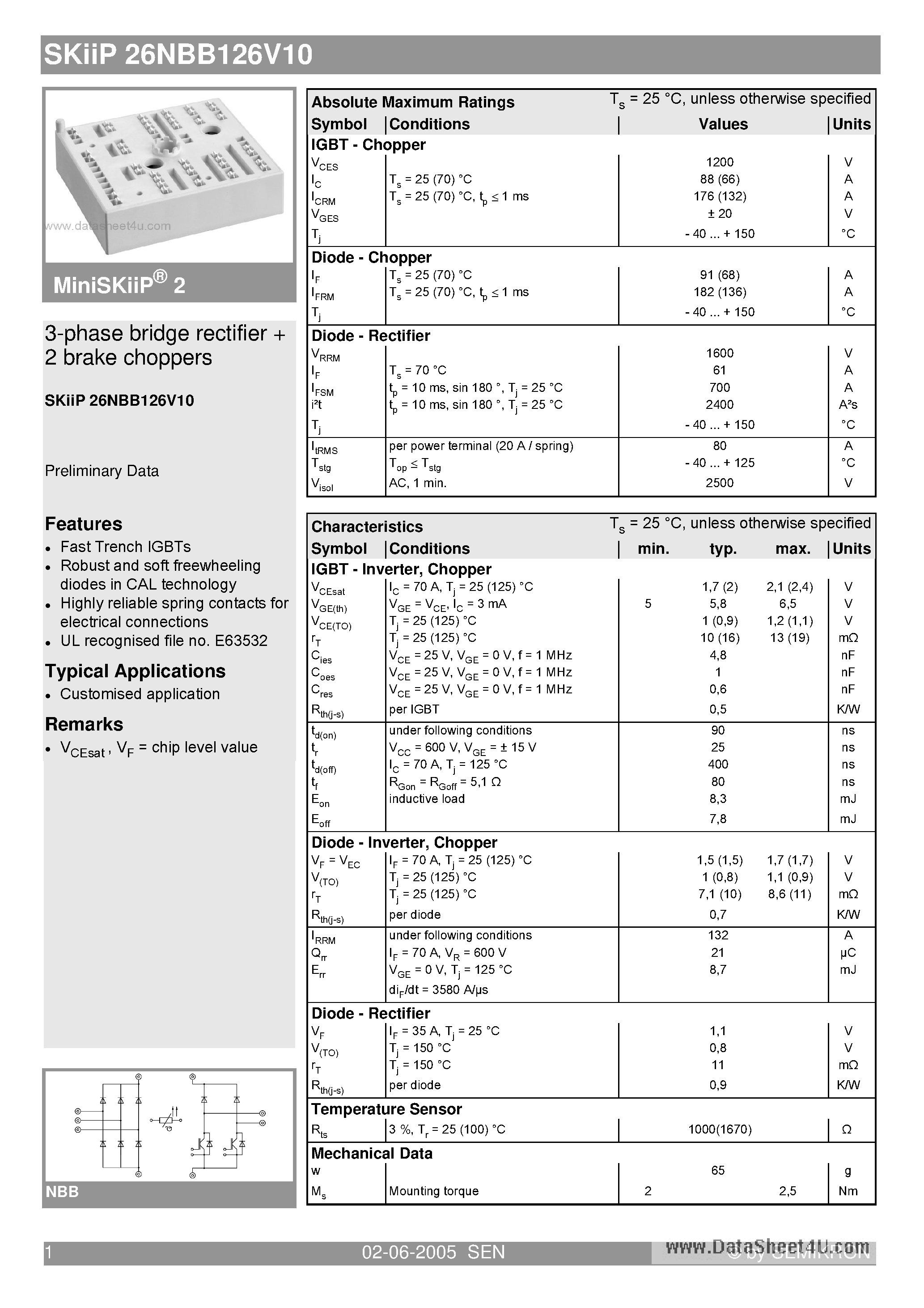 Даташит SKIIP26NBB126V10 - 3-phase bridge rectifier 2 brake choppers страница 1