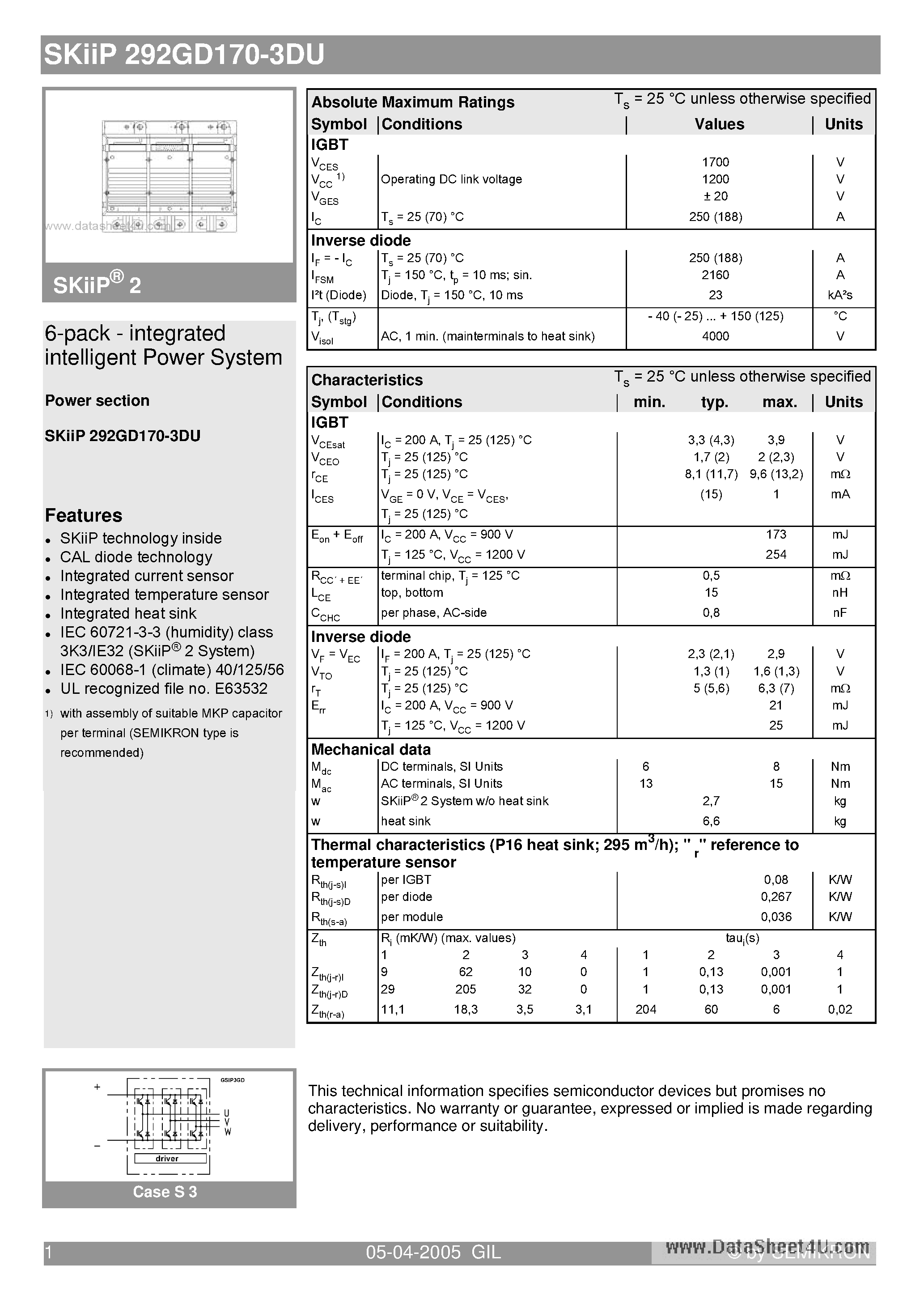 Даташит SKIIP292GD170-3DU - 6-pack - integrated intelligent Power System страница 1