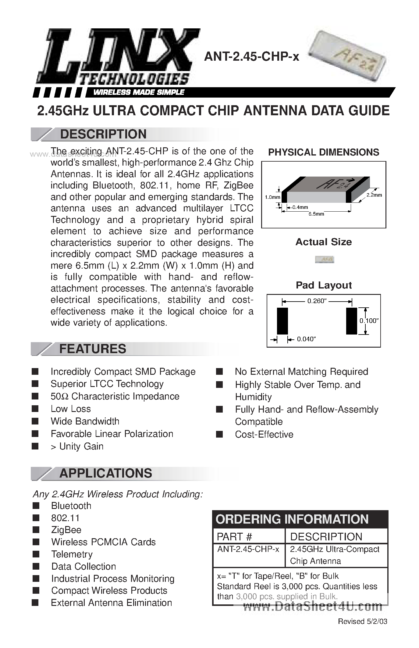 Datasheet ANT-2.45-CHP-X - 2.45GHz ULTRA COMPACT CHIP ANTENNA page 1