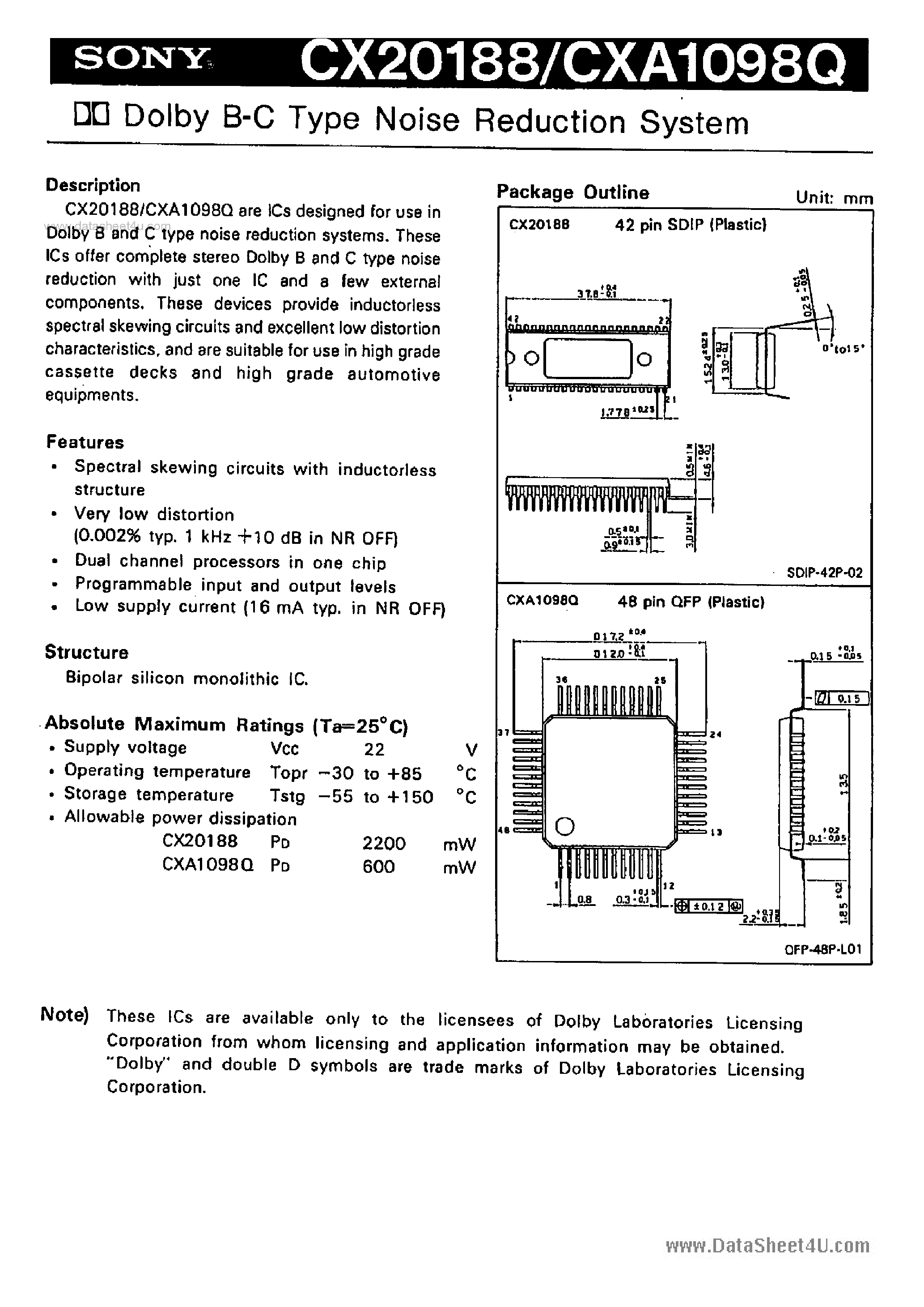 Datasheet CXA1098Q - DOLBY B-C TYPE NOISE REDUCTION SYSTEM page 1