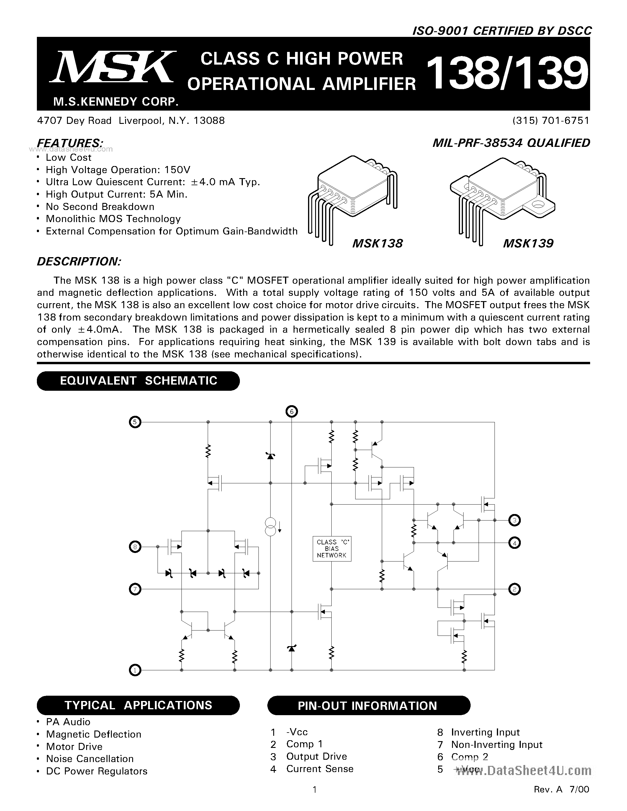 Datasheet MSK138 - (MSK138 / MSK139) Class C High Power op Amp page 1