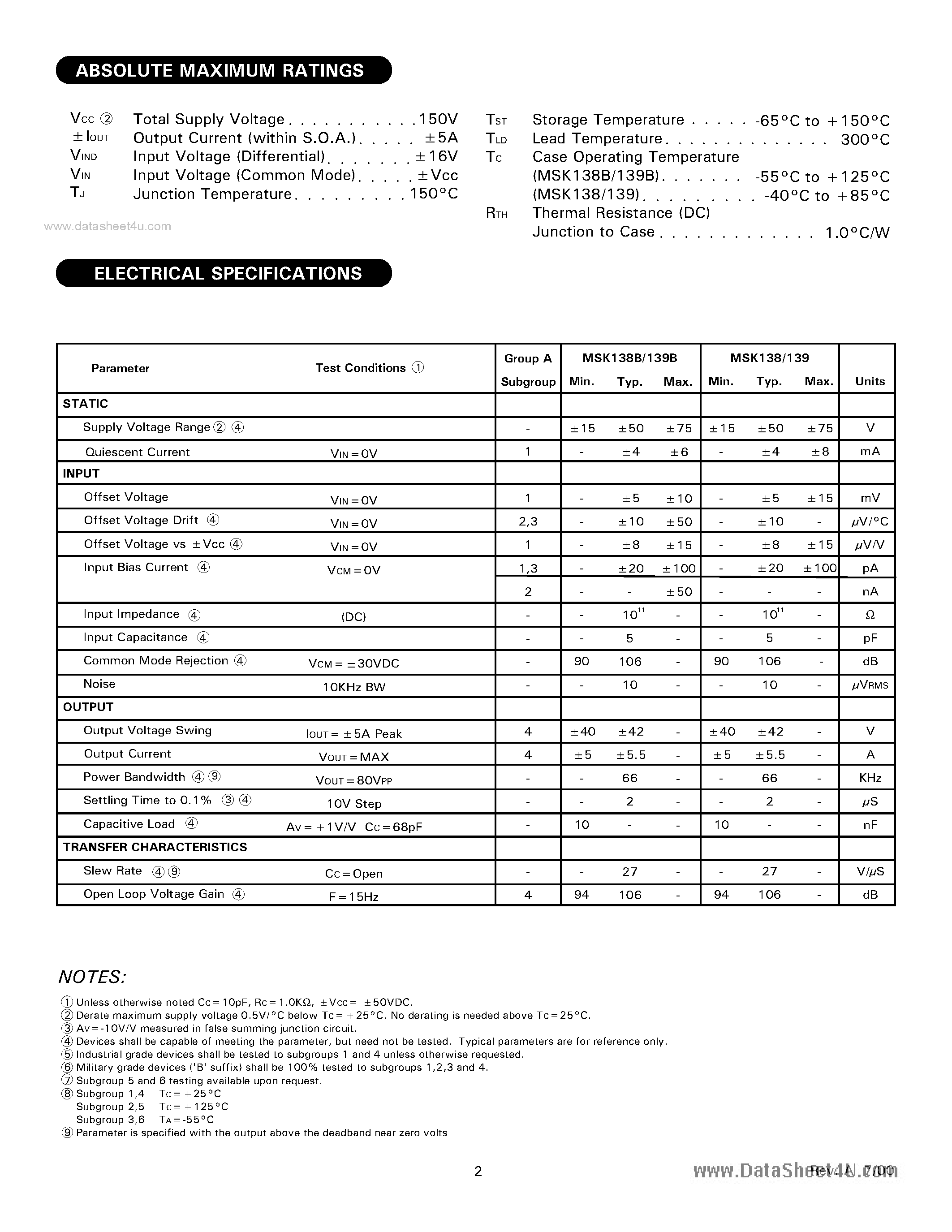 Datasheet MSK138 - (MSK138 / MSK139) Class C High Power op Amp page 2