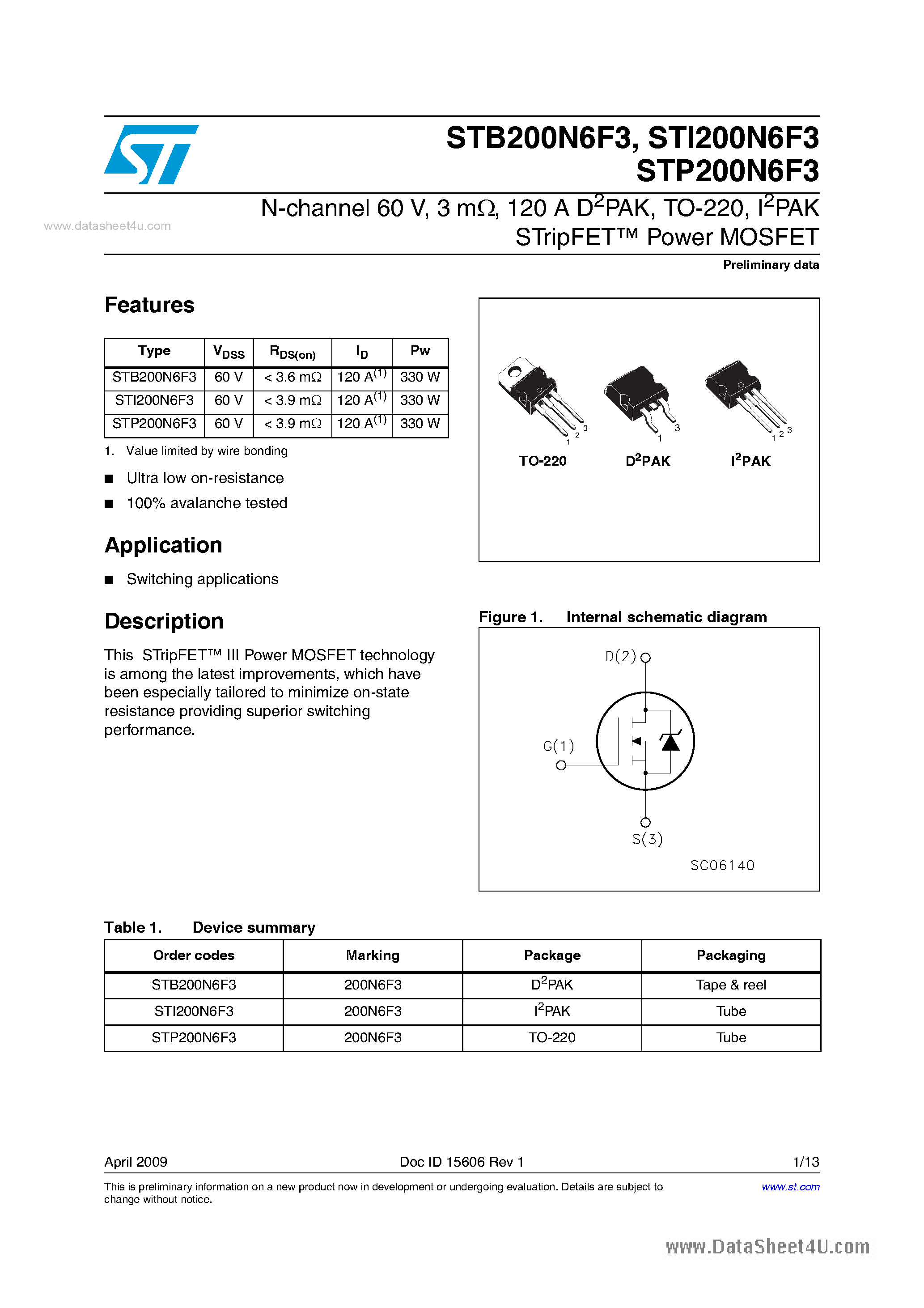 Даташит STP200N6F3 - Power MOSFETs страница 1