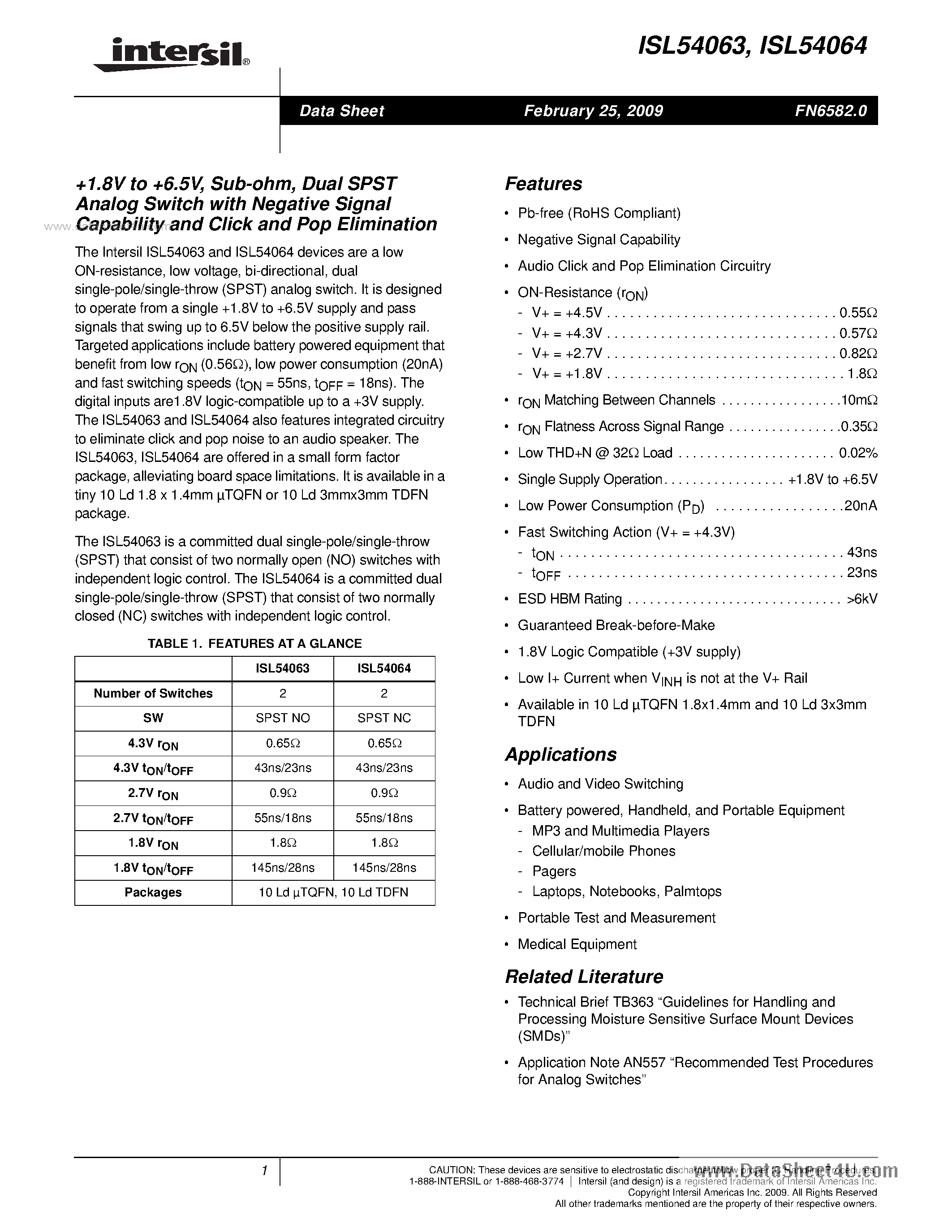 Даташит ISL54063 - (ISL54063 / ISL54064) Dual SPST страница 1