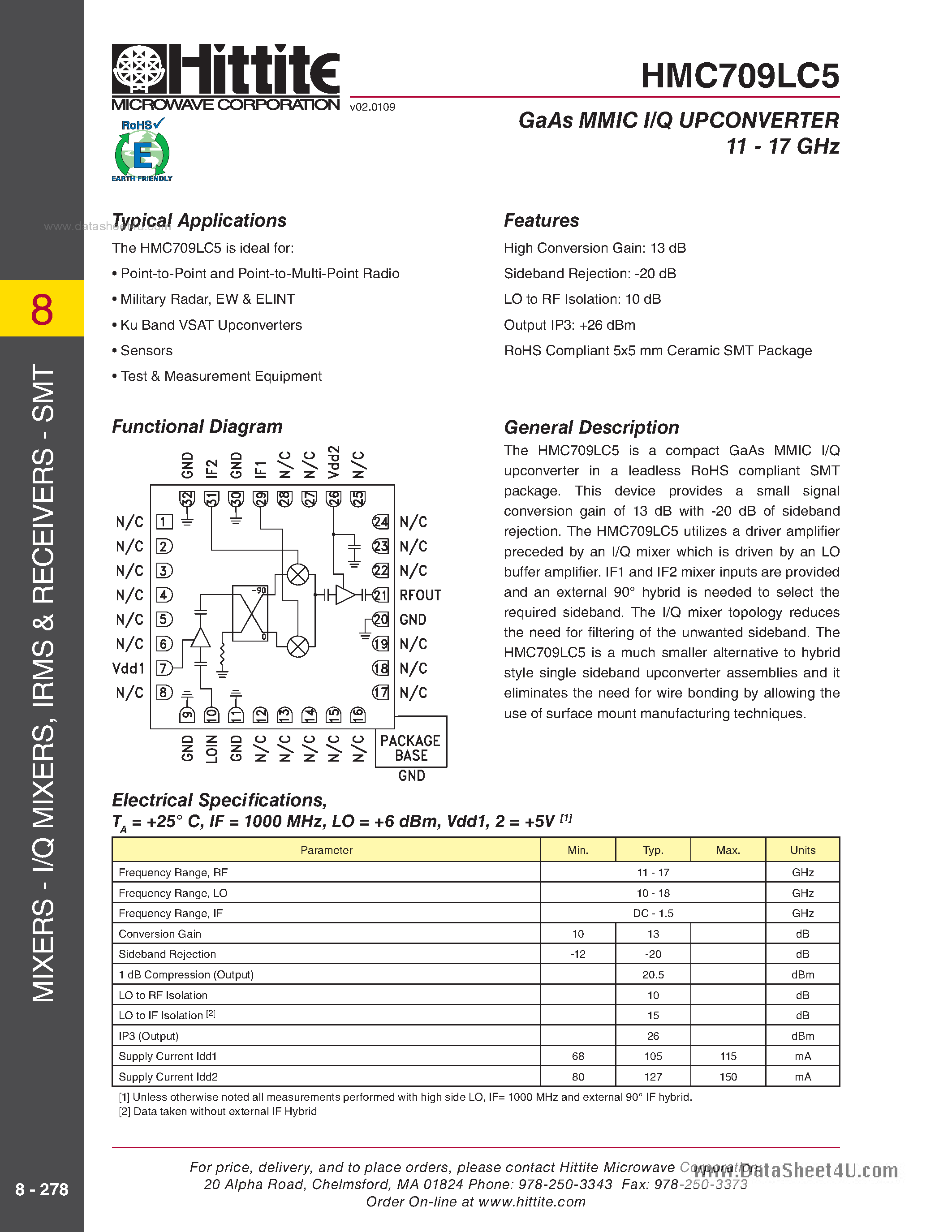 Datasheet HMC709LC5 - GaAs MMIC I/Q Upconverter SMT page 1