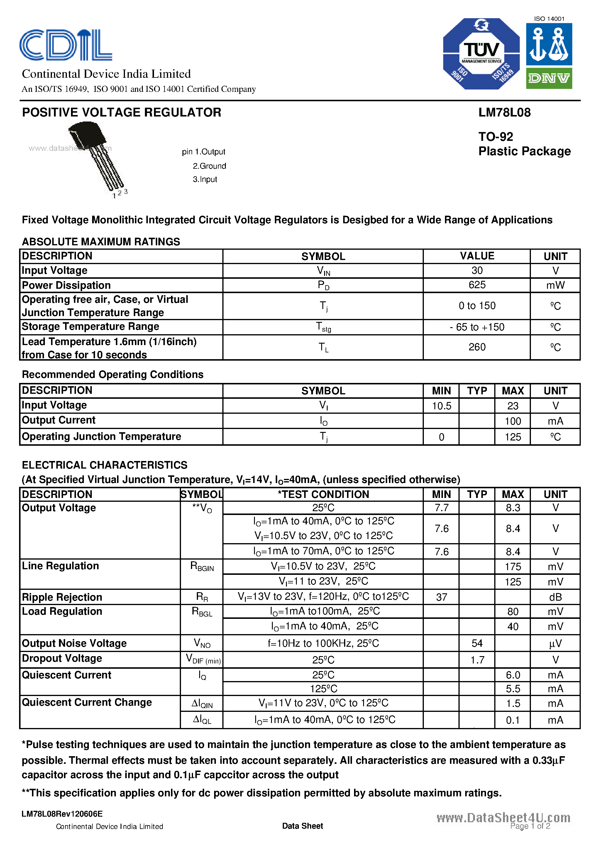 Даташит LM78L08 - POSITIVE VOLTAGE REGULATOR страница 1