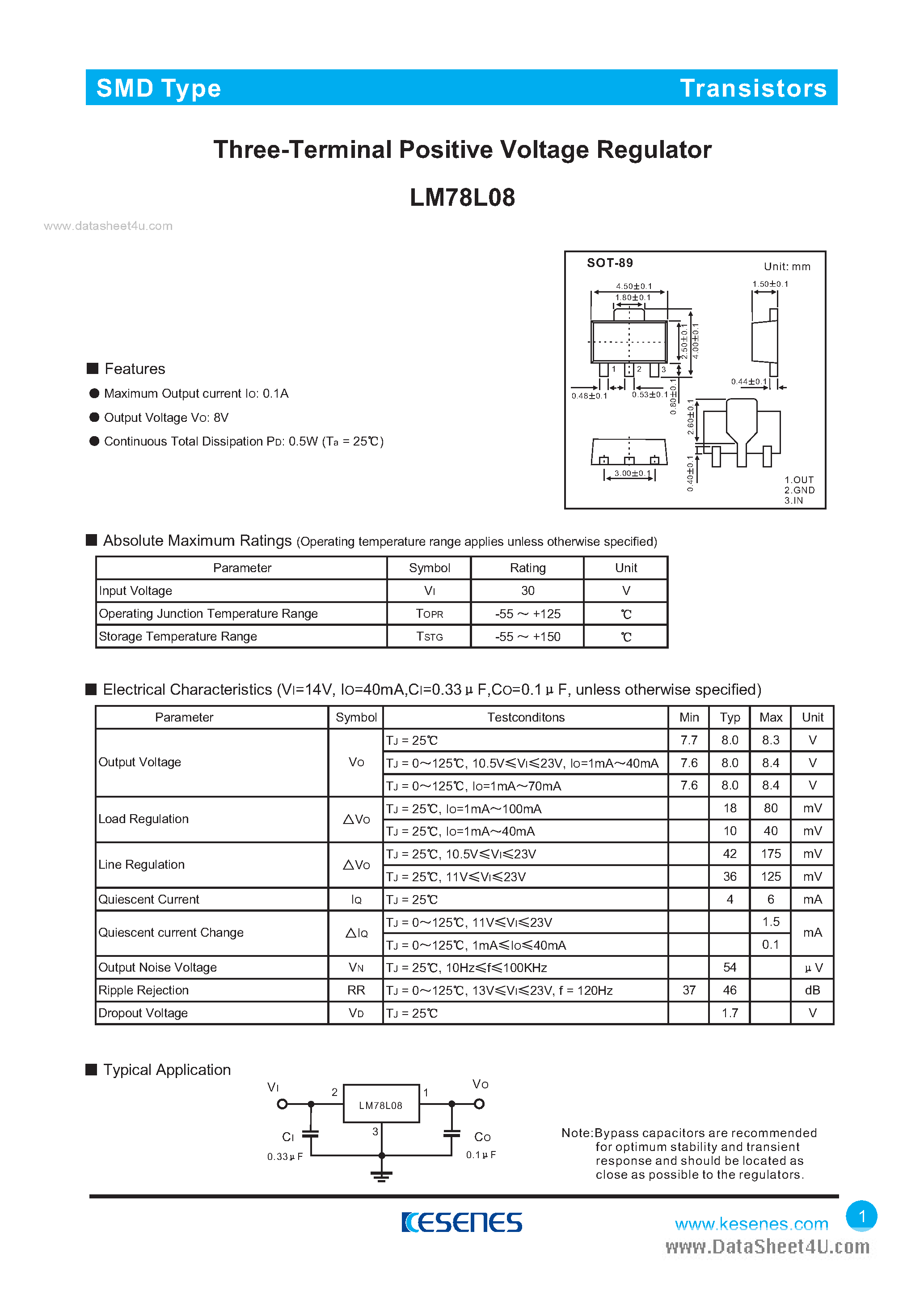 Даташит LM78L08 - 3-Terminal Positive Voltage Regulator страница 1