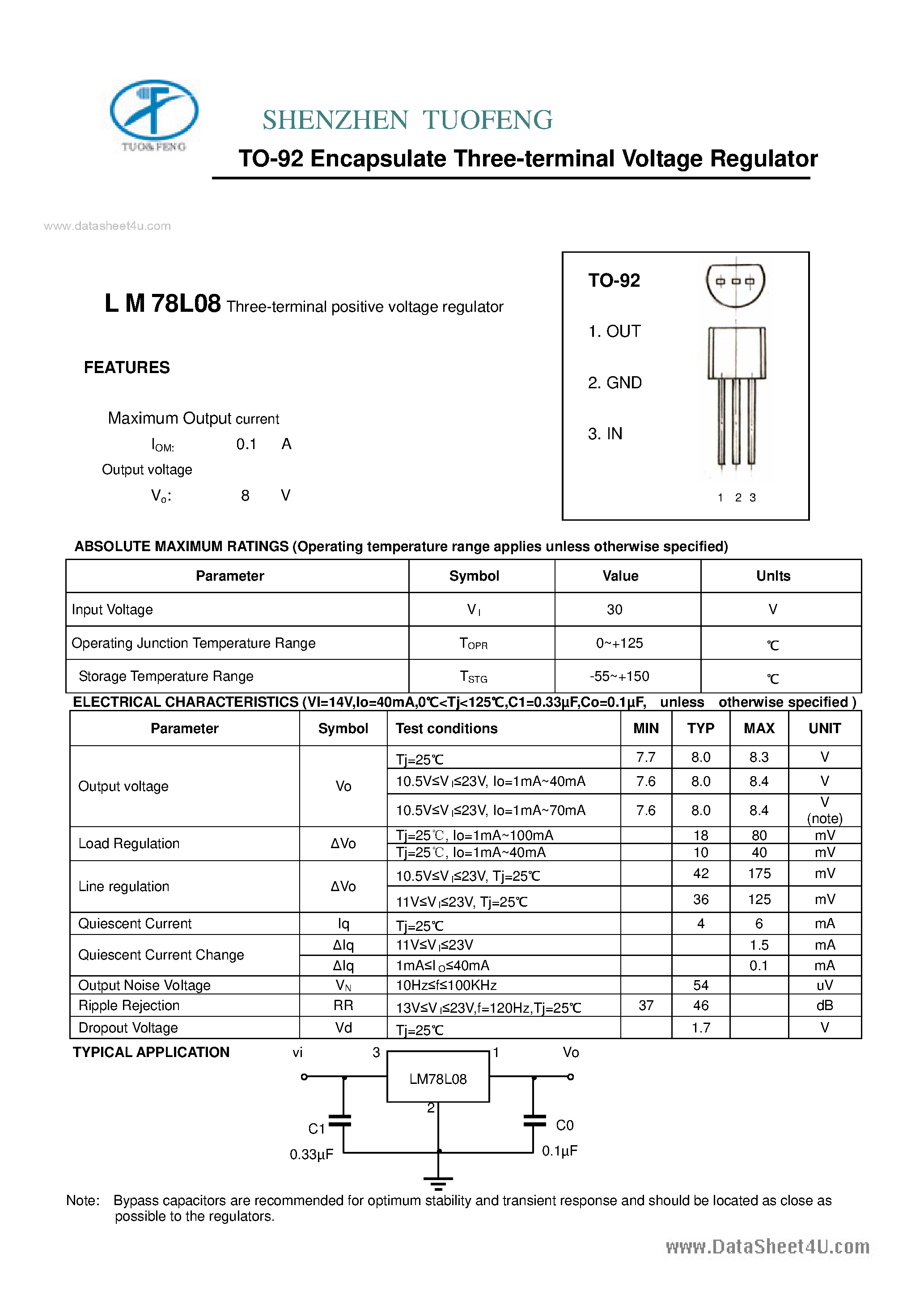 Даташит LM78L08 - TO-92 3-Terminal Voltage Regulator страница 1