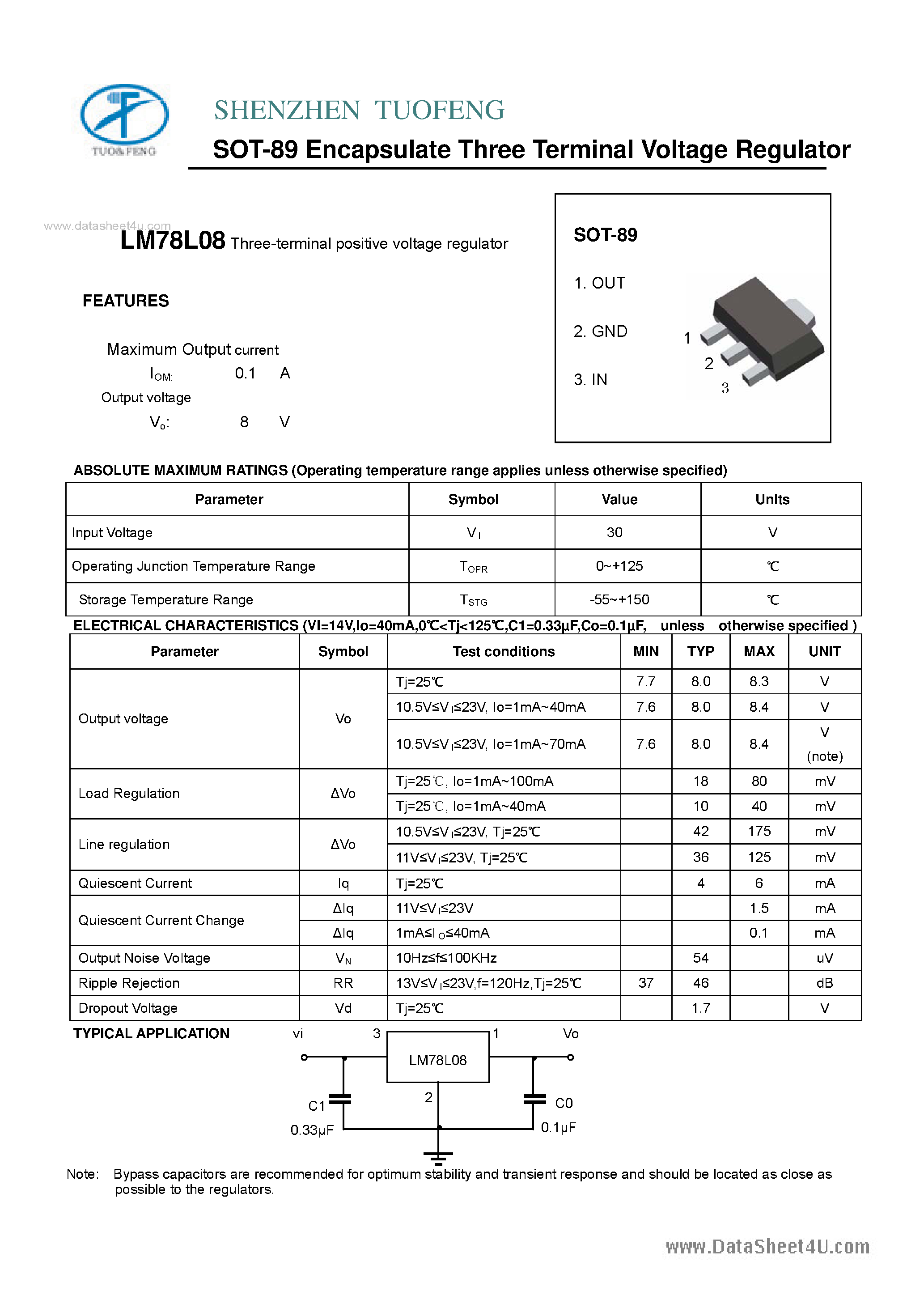 Даташит LM78L08 - TO-89 3-Terminal Voltage Regulator страница 1